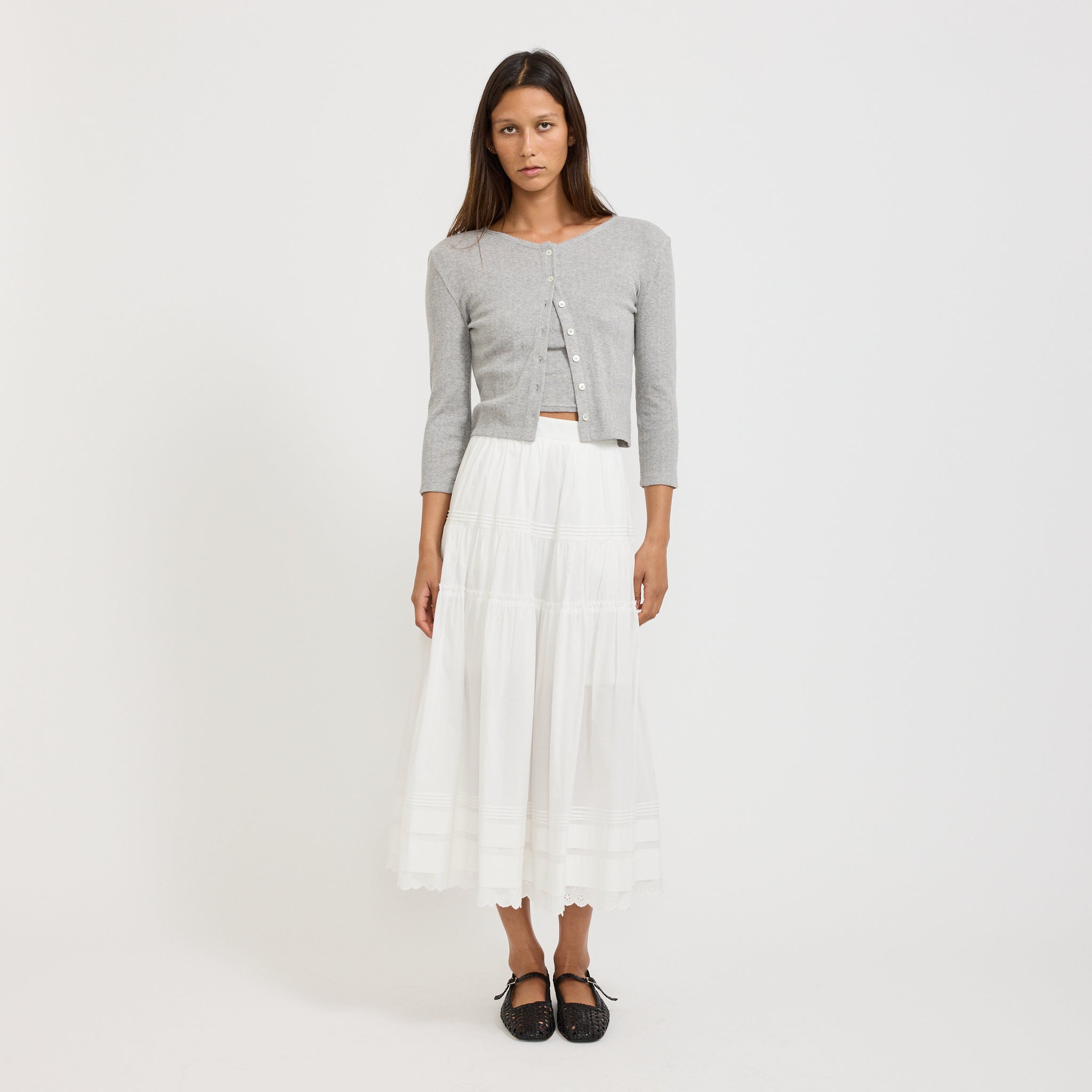 Pointelle Crewneck Cardigan Melange Grey