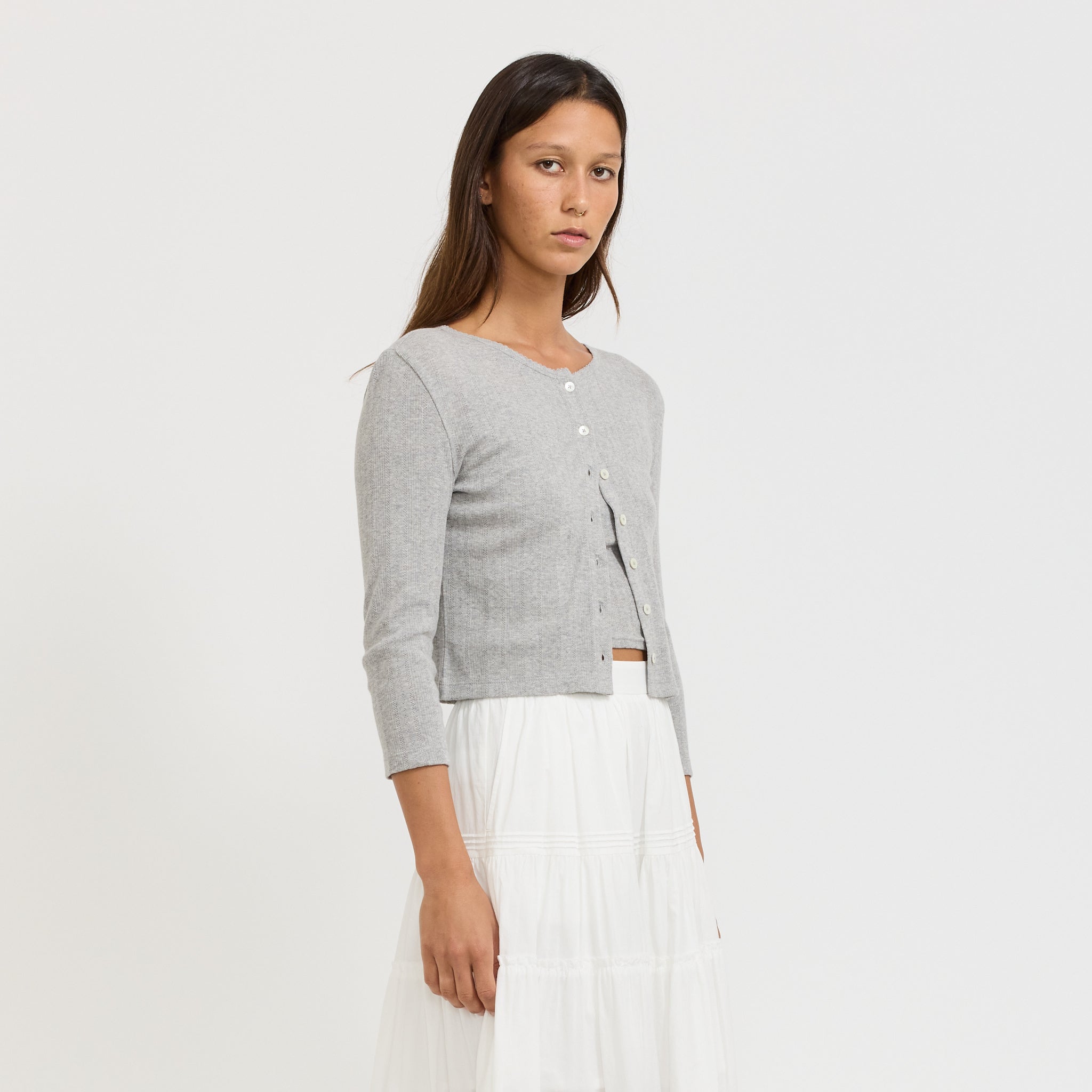 Pointelle Crewneck Cardigan Melange Grey
