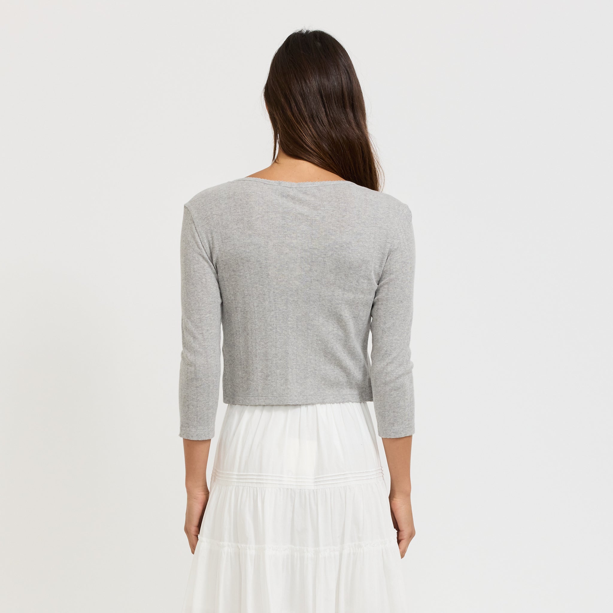 Pointelle Crewneck Cardigan Melange Grey