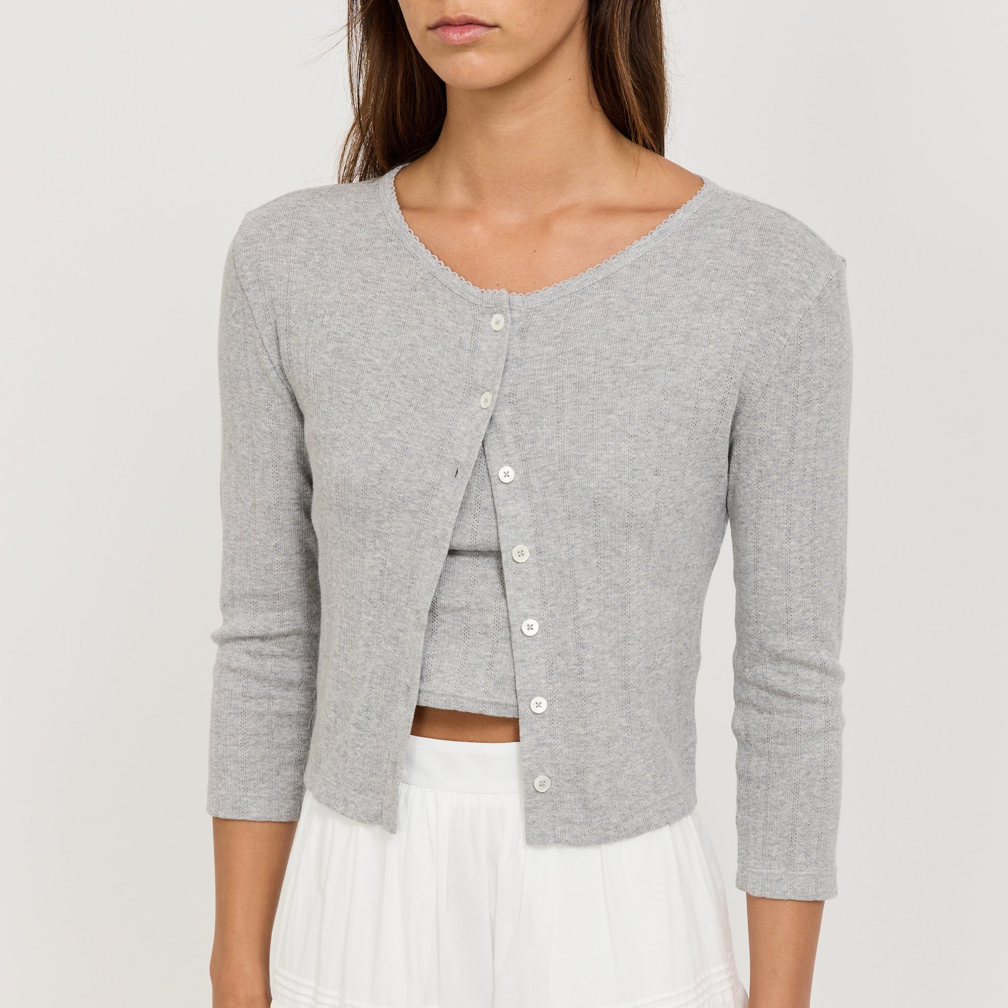 Pointelle Crewneck Cardigan Melange Grey