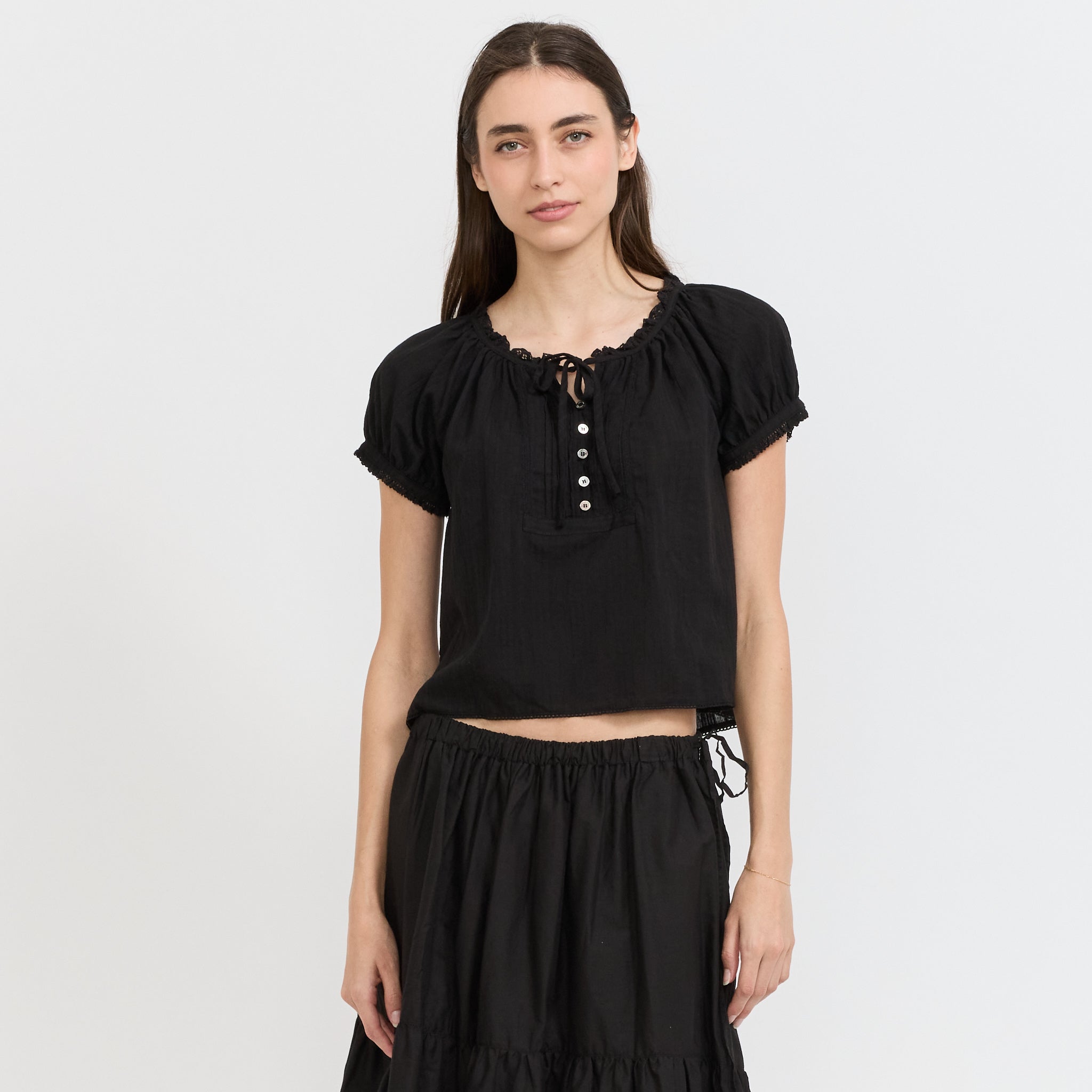 Ribboned Shirring Blouse Black