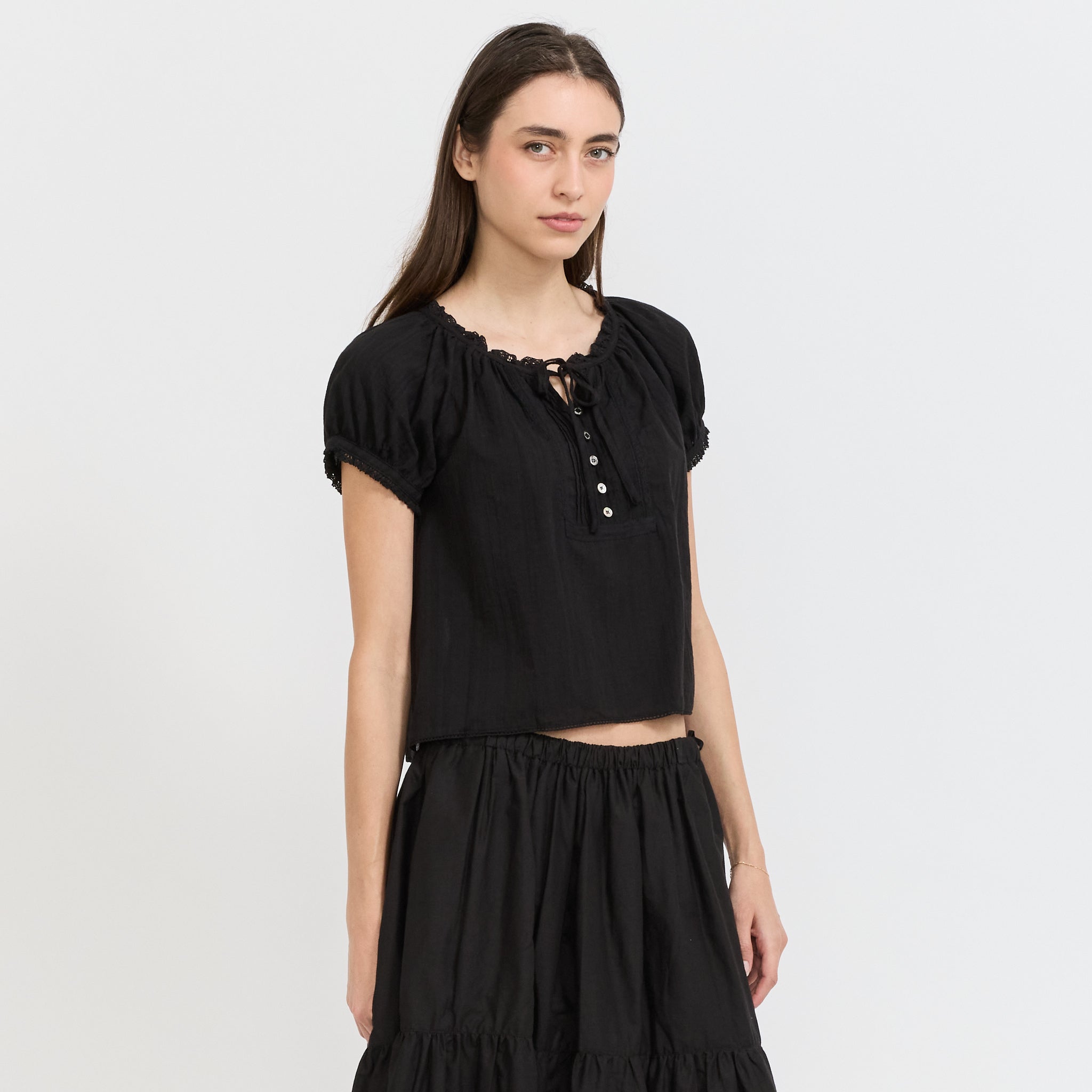 Ribboned Shirring Blouse Black