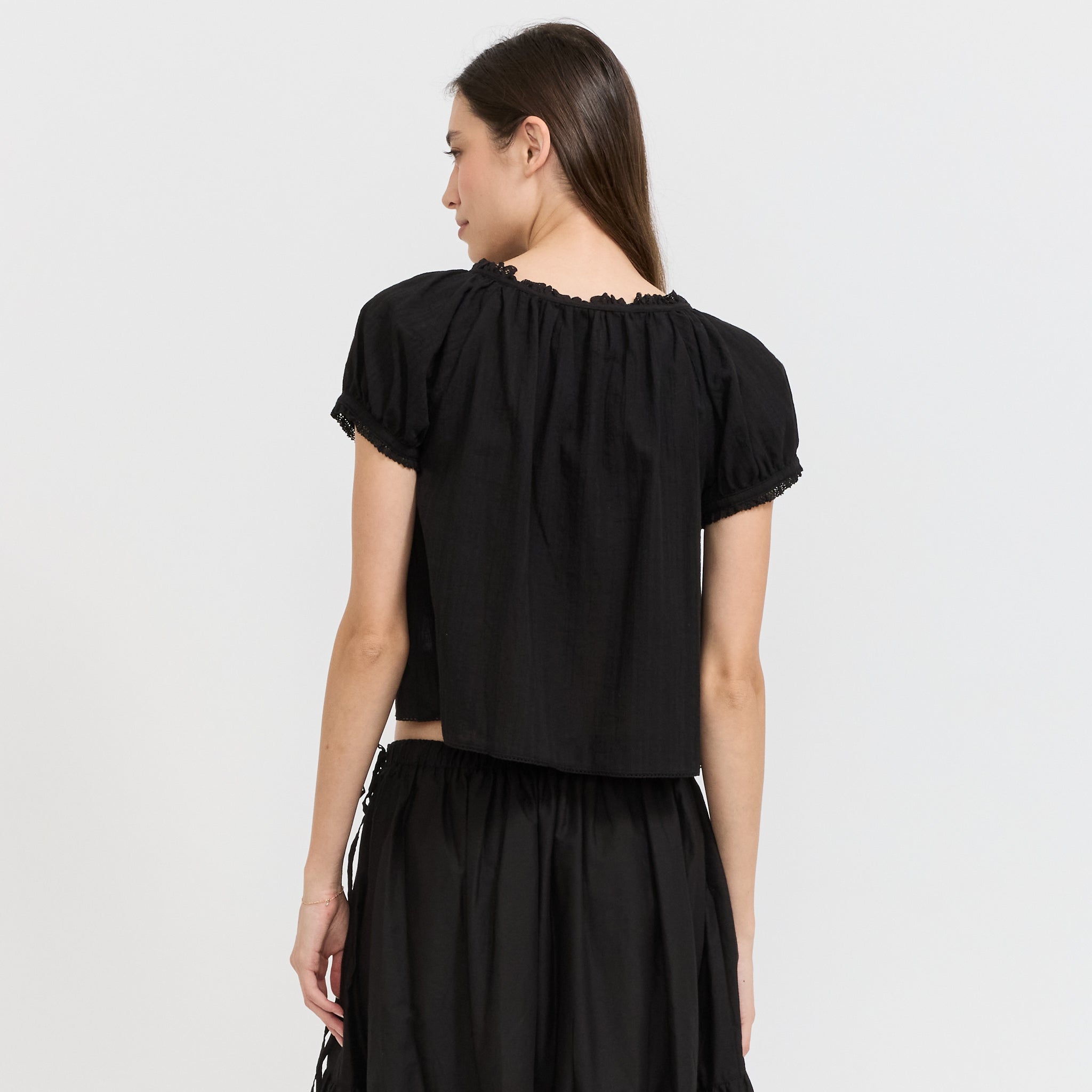 Ribboned Shirring Blouse Black