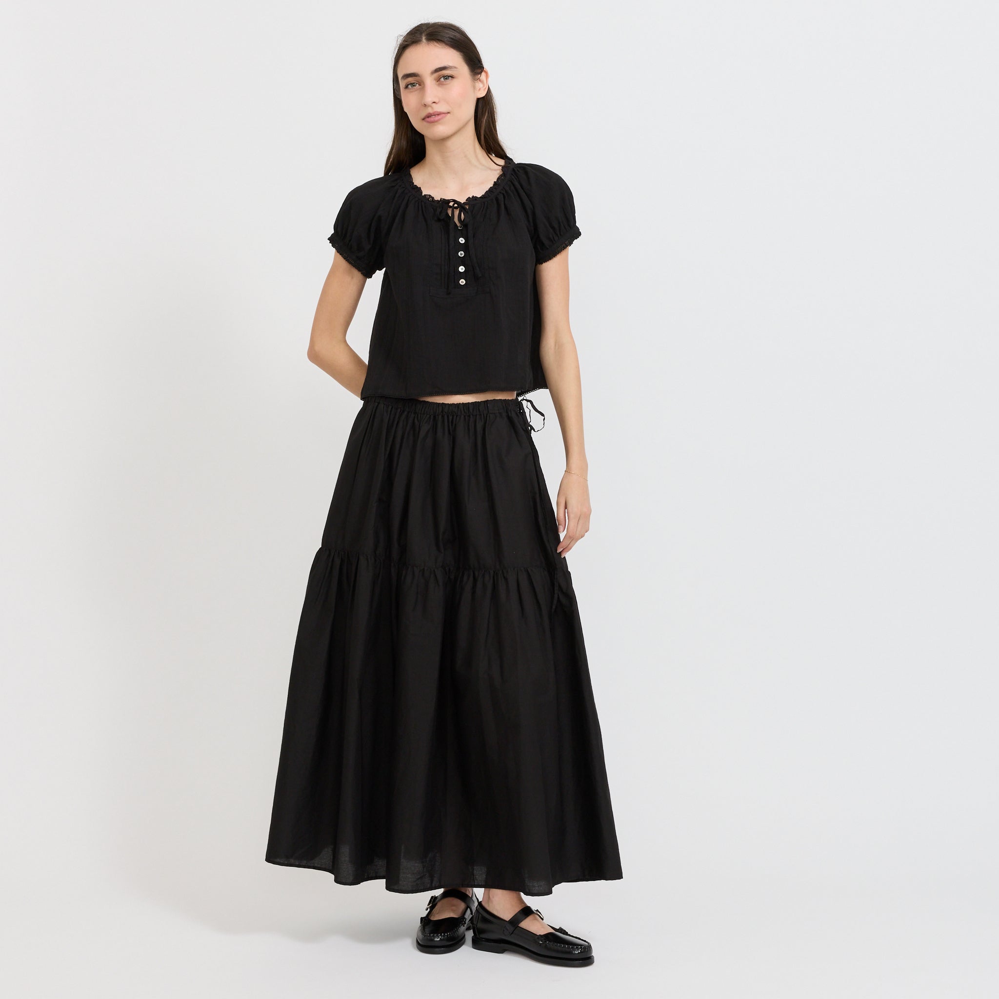 Ribboned Shirring Blouse Black