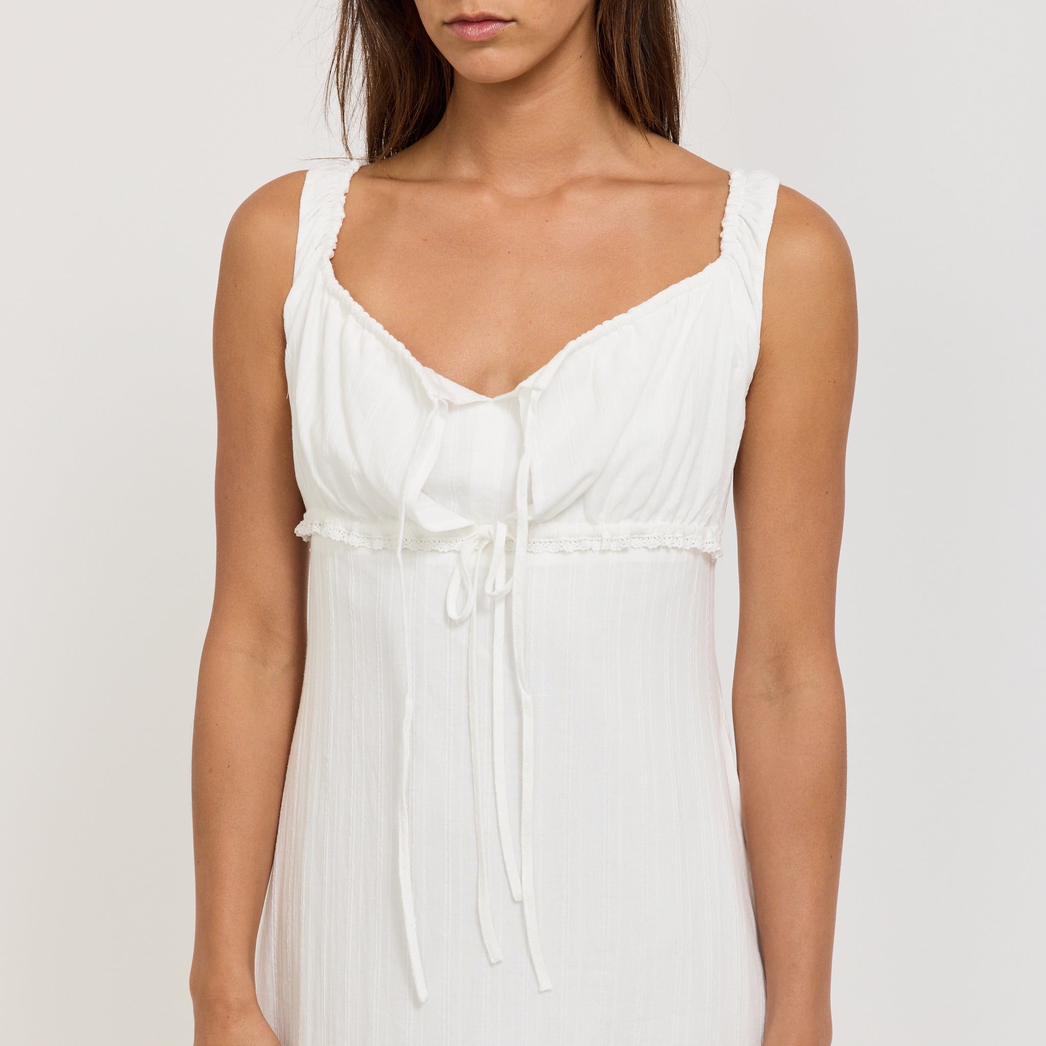 Shirring Ribboned Sleeveless Dress Ivory