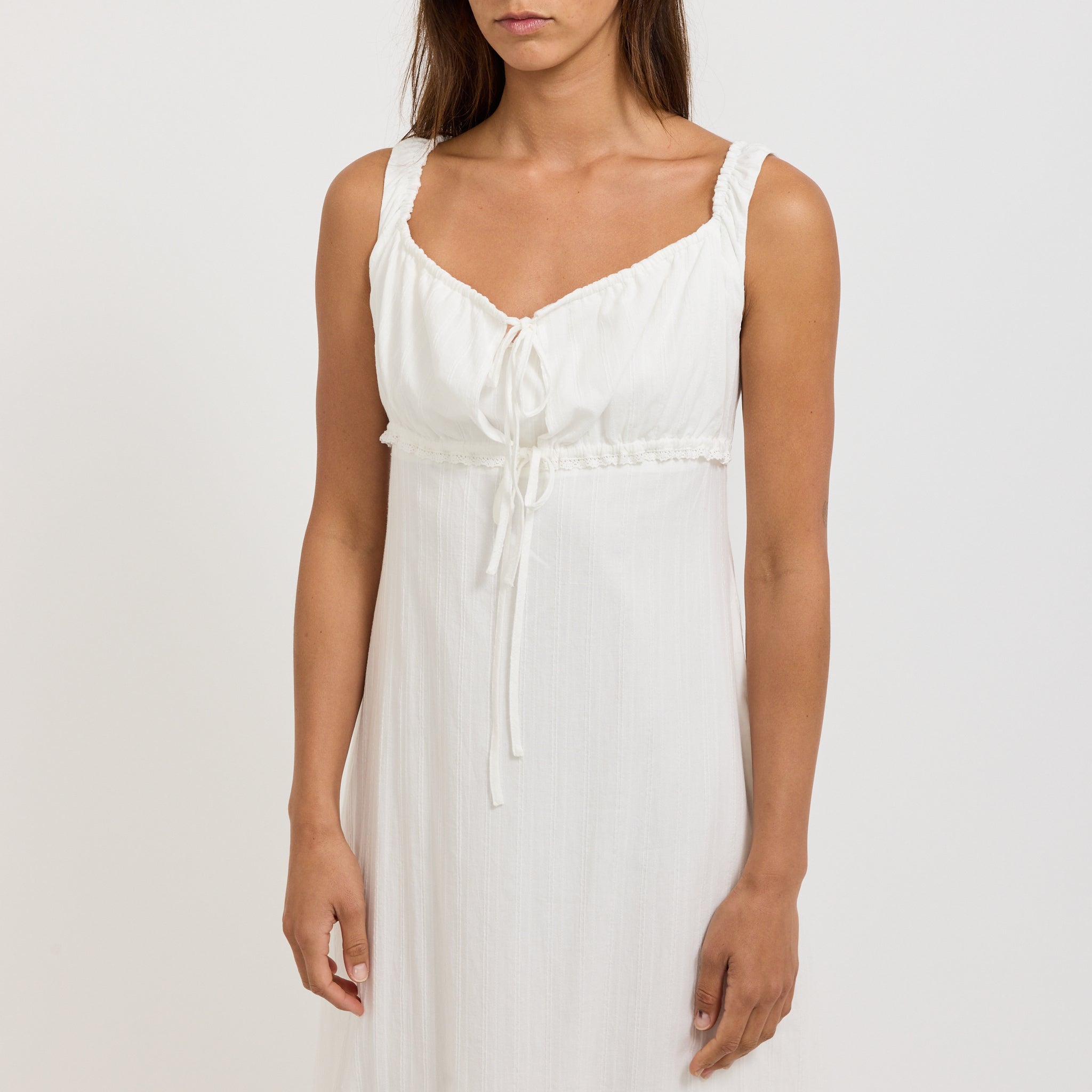 Shirring Ribboned Sleeveless Dress Ivory