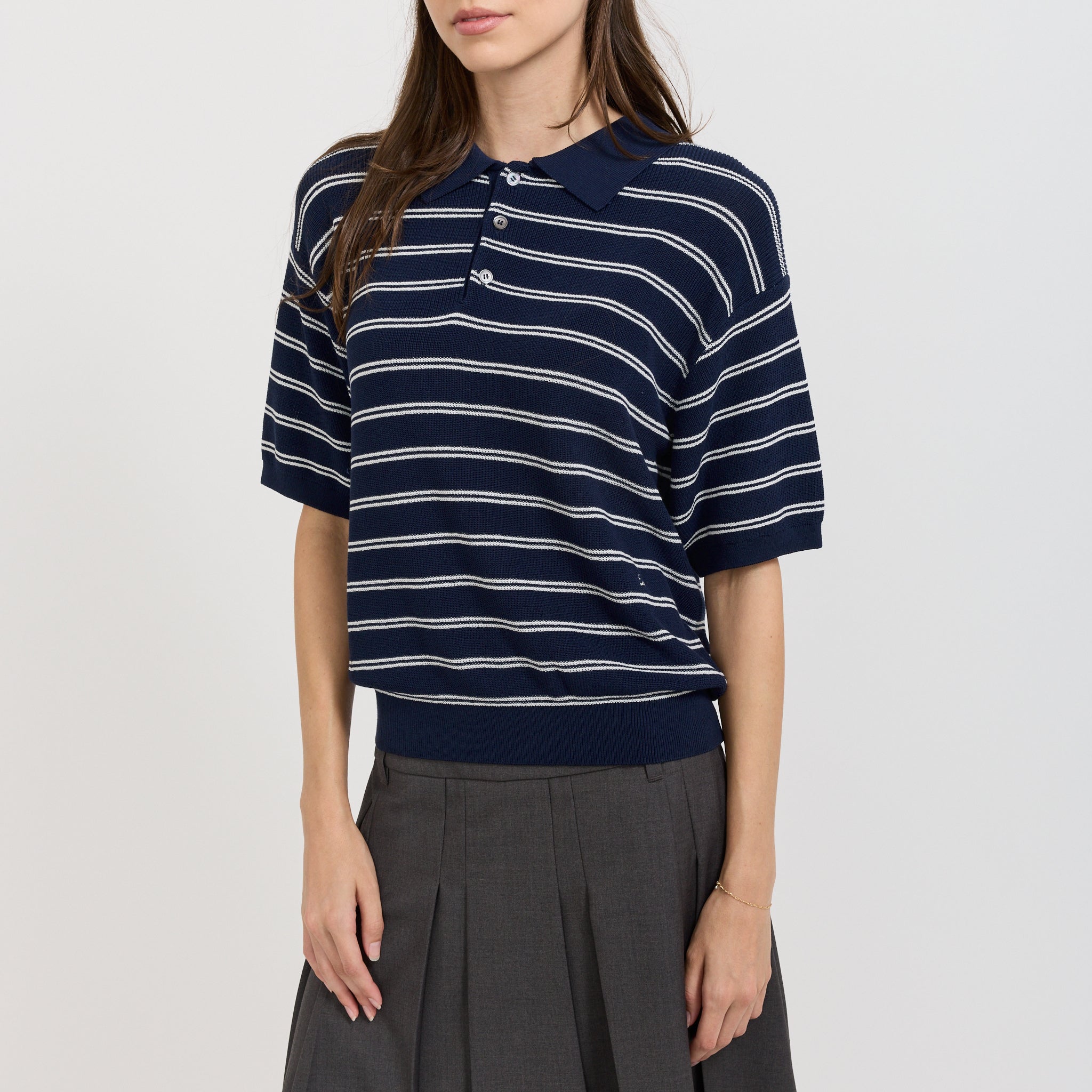 Dunst | Unisex Striped Polo Knit Navy | Maplestore
