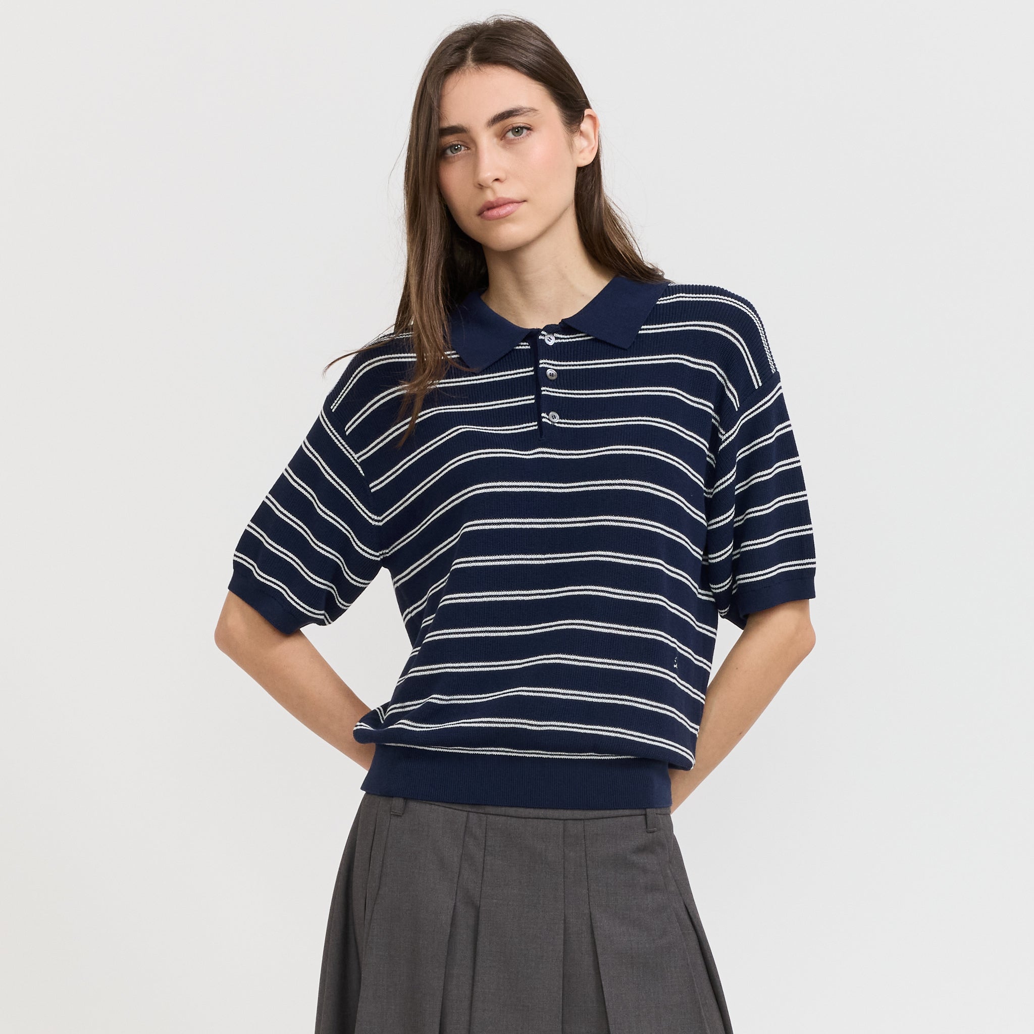 Dunst | Unisex Striped Polo Knit Navy | Maplestore