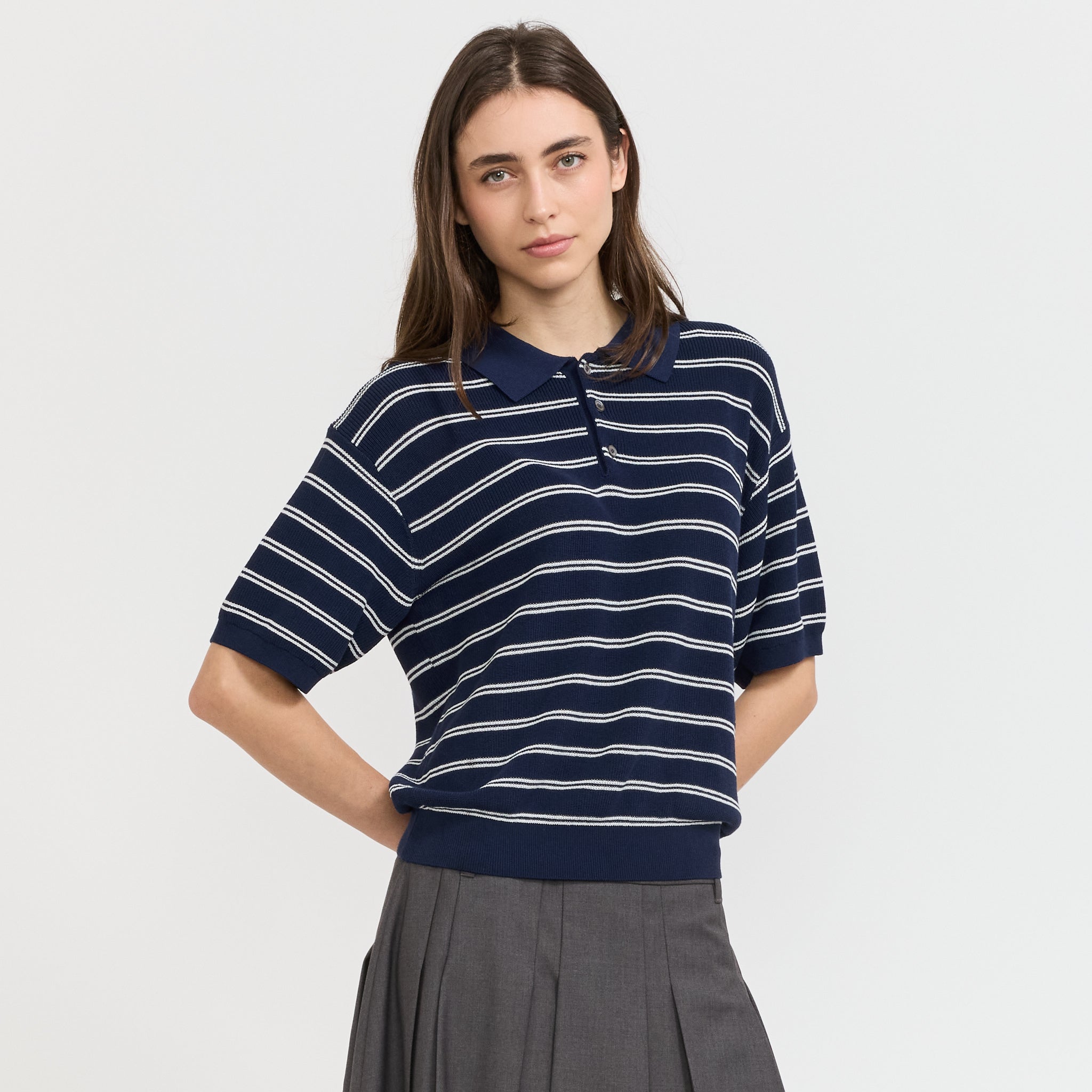 Dunst | Unisex Striped Polo Knit Navy | Maplestore