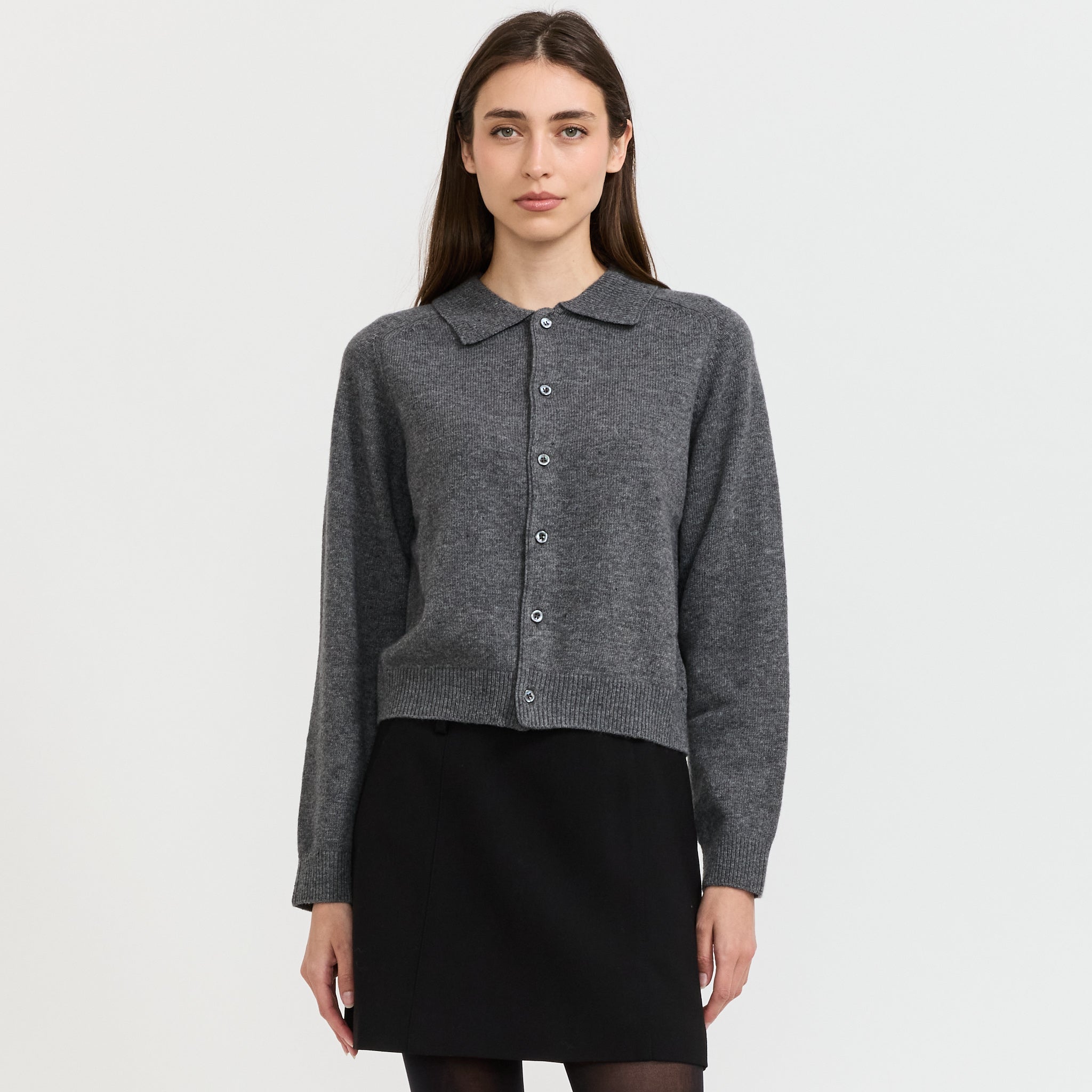 Unisex Collared Knit Cardigan Melange Grey