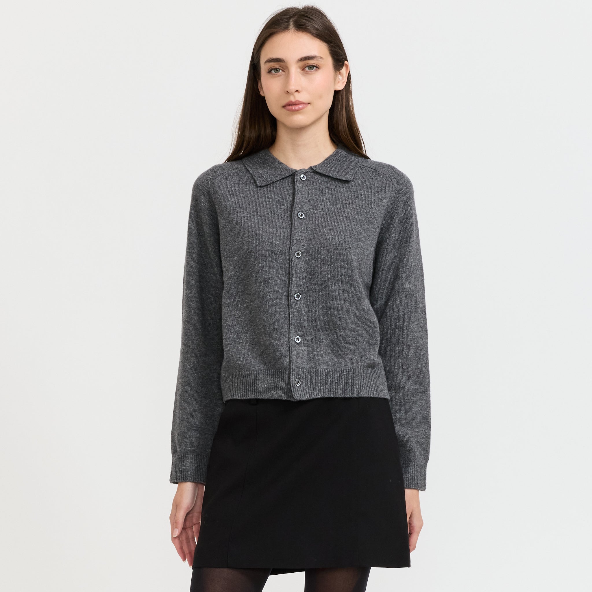 Unisex Collared Knit Cardigan Melange Grey