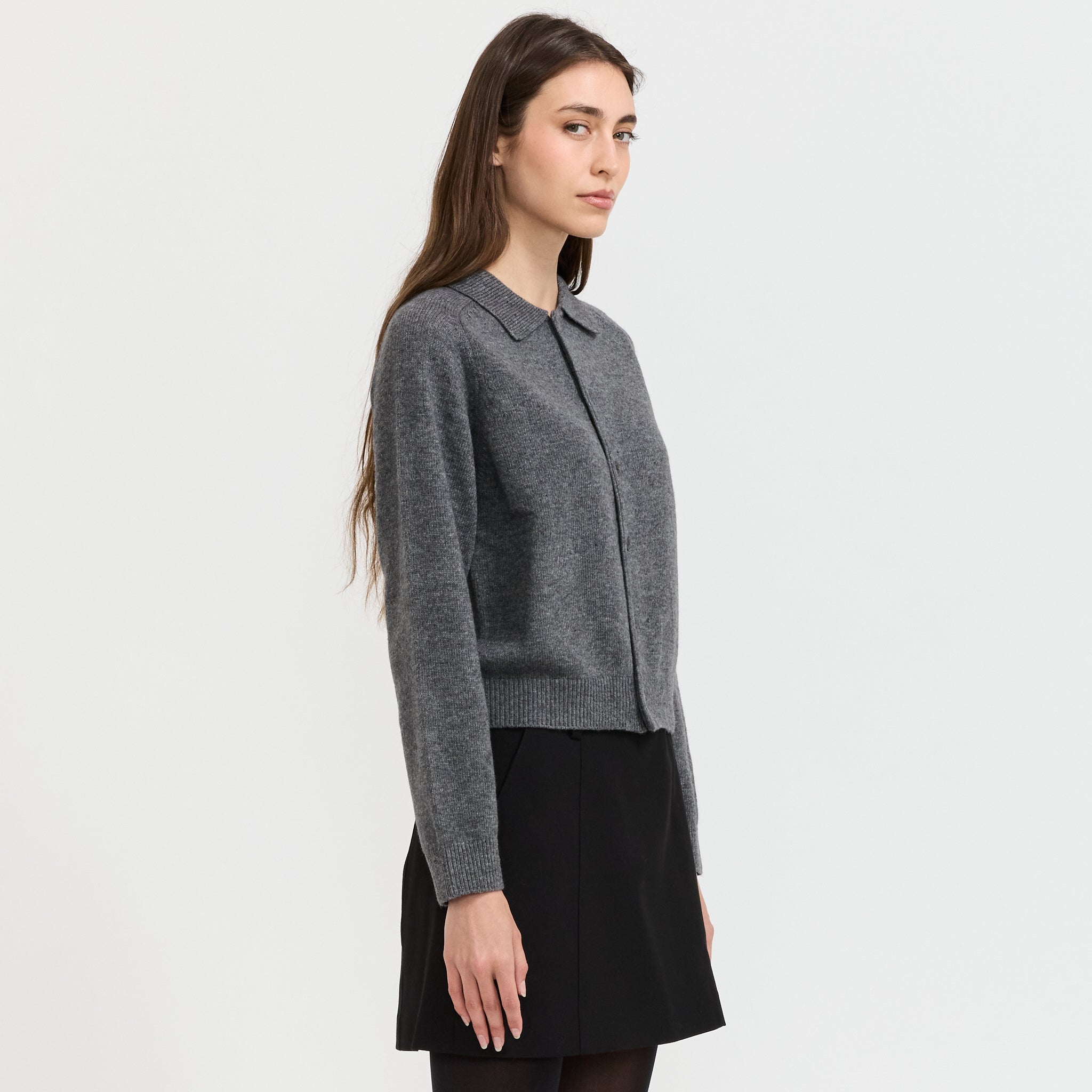 Unisex Collared Knit Cardigan Melange Grey