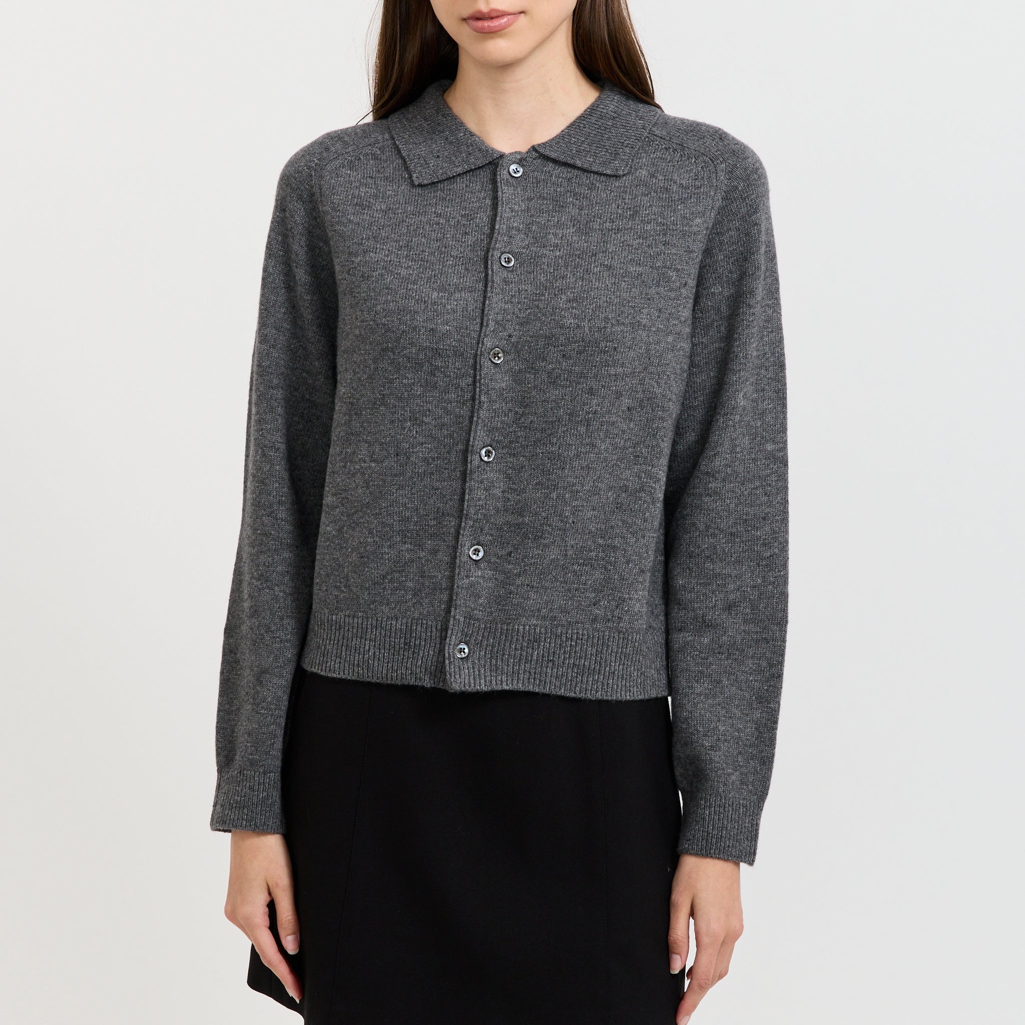 Unisex Collared Knit Cardigan Melange Grey