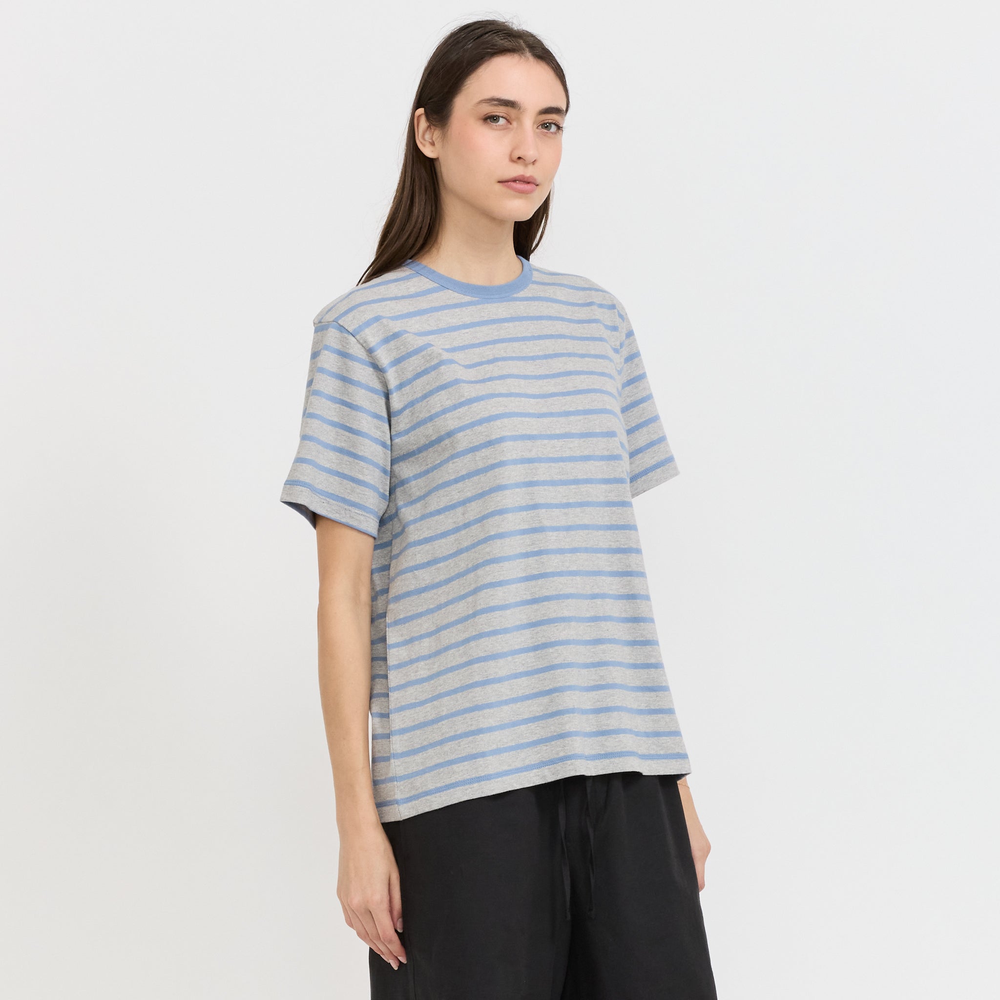 Unisex Striped Tee Melange Grey/Soft Blue