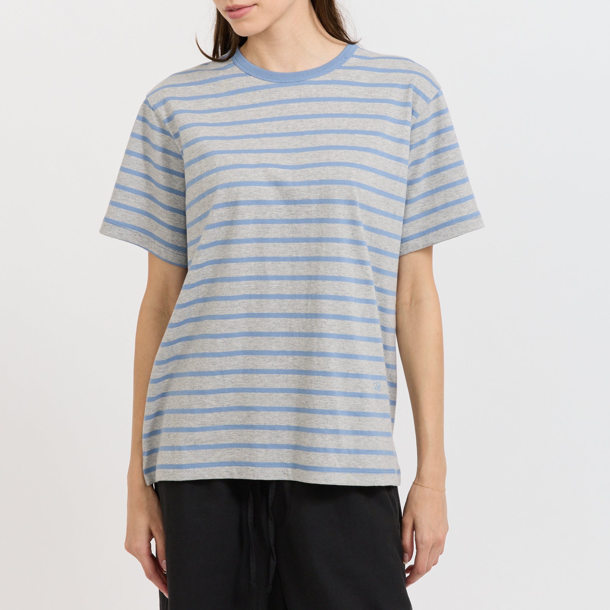 Unisex Striped Tee Melange Grey/Soft Blue