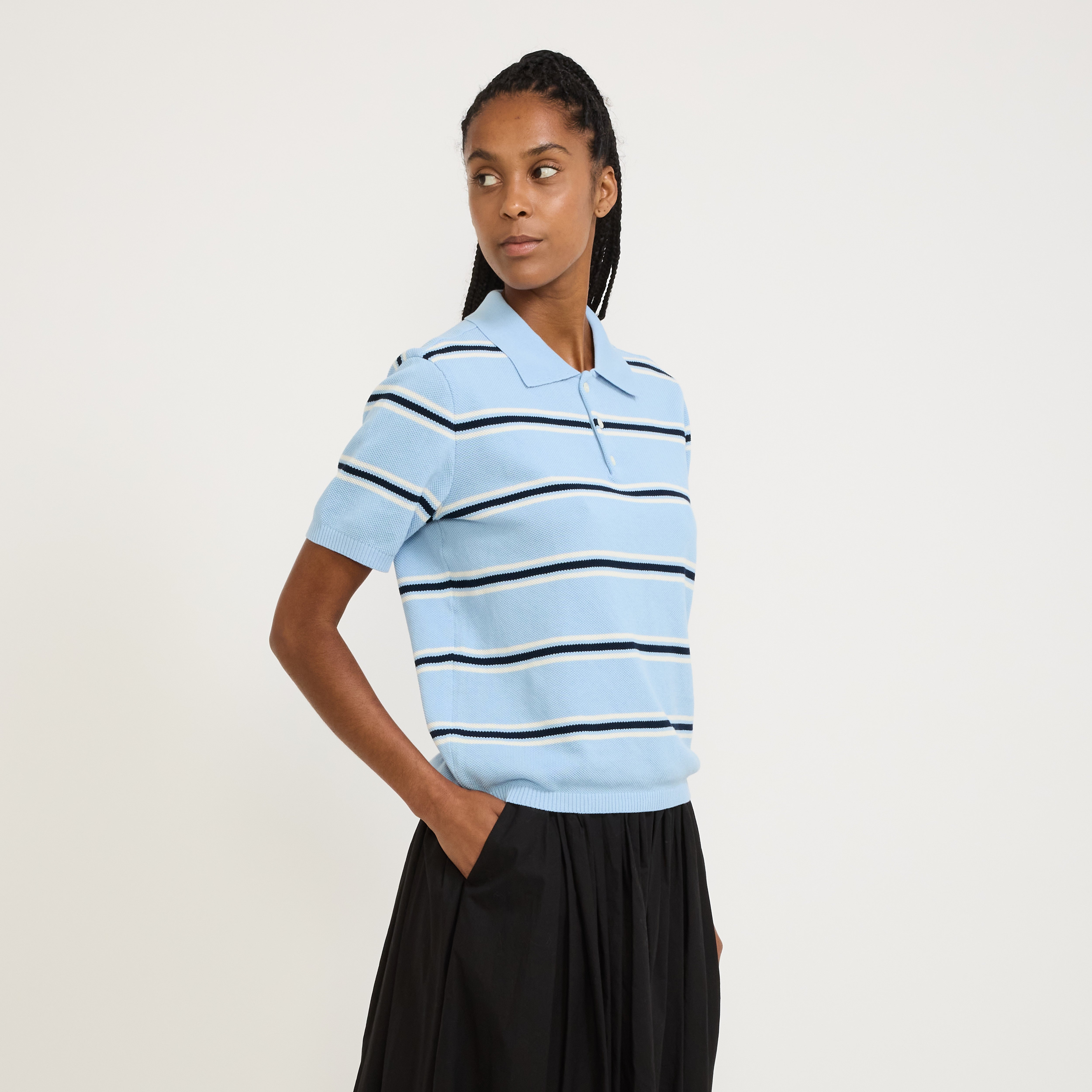 Unisex Striped Polo Knit Skyblue/Cream
