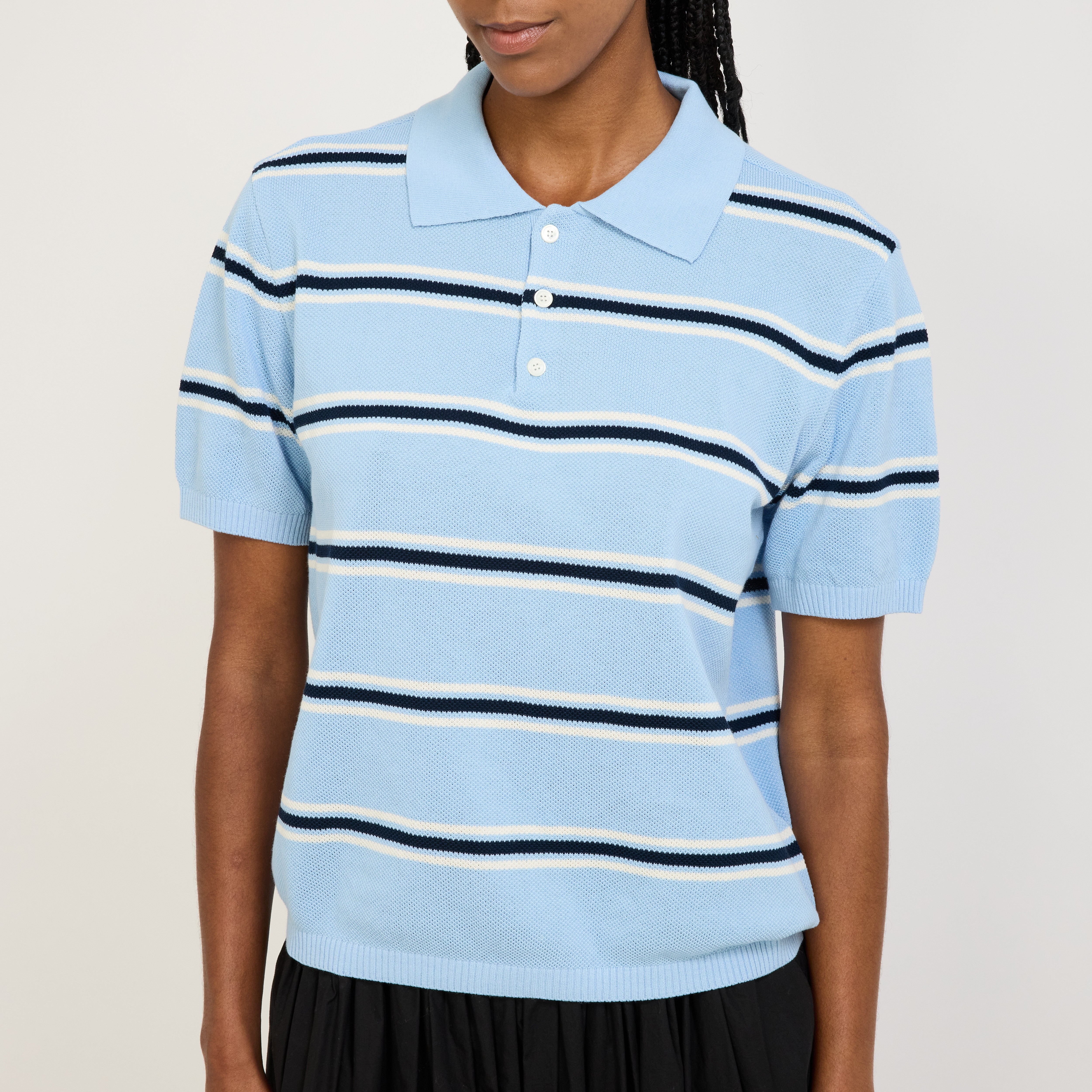 Unisex Striped Polo Knit Skyblue/Cream