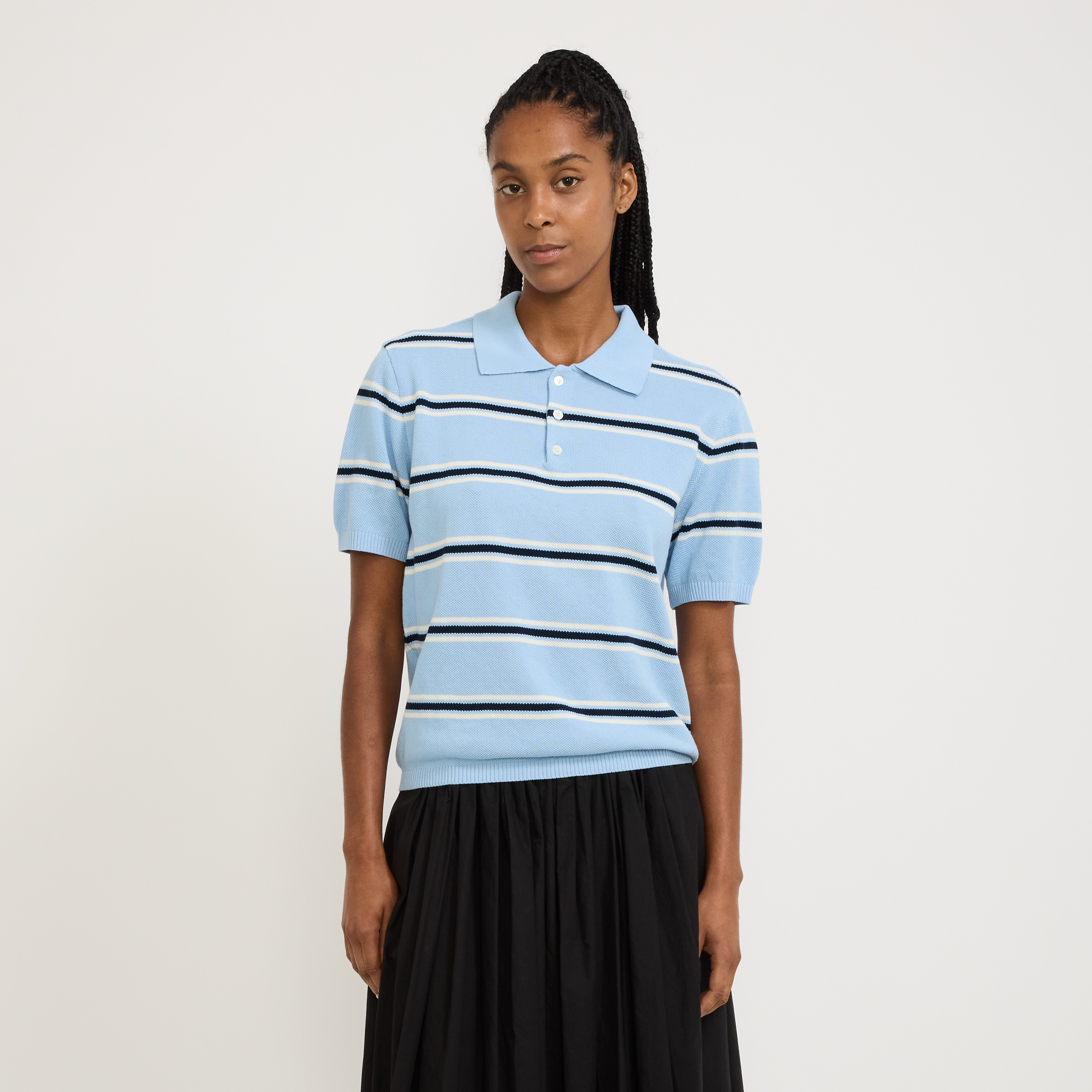 Unisex Striped Polo Knit Skyblue/Cream