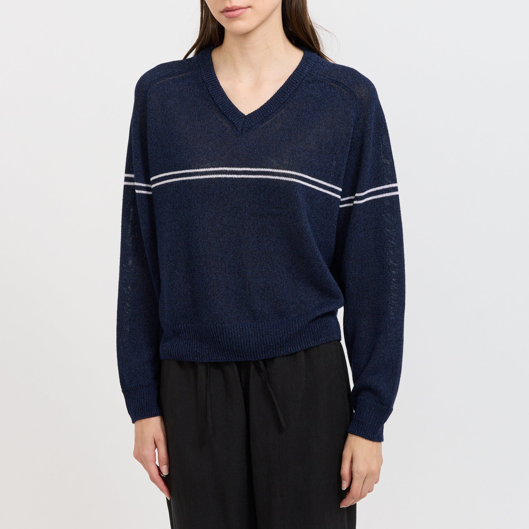 Unisex V-Neck Striped Sweater Navy Stripe