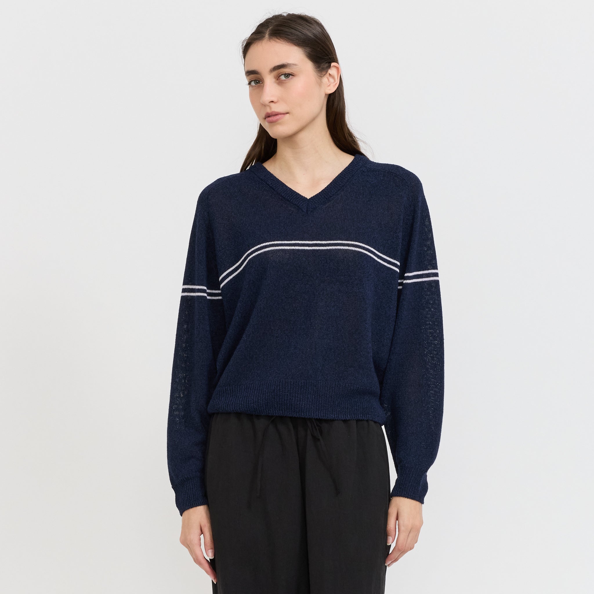 Unisex V-Neck Striped Sweater Navy Stripe