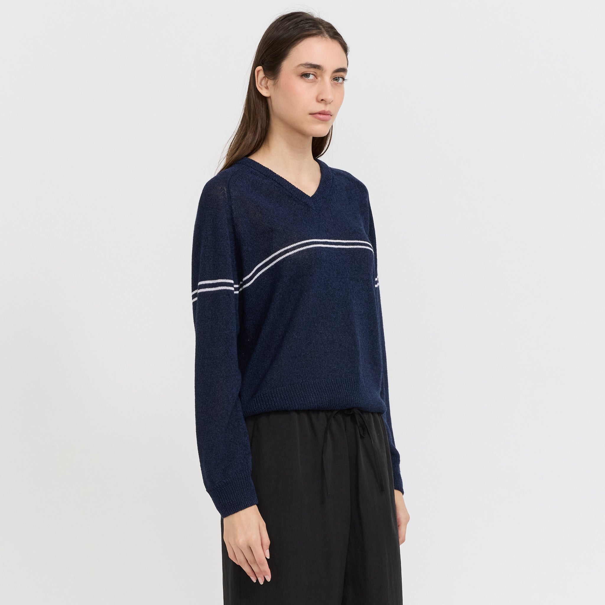 Unisex V-Neck Striped Sweater Navy Stripe