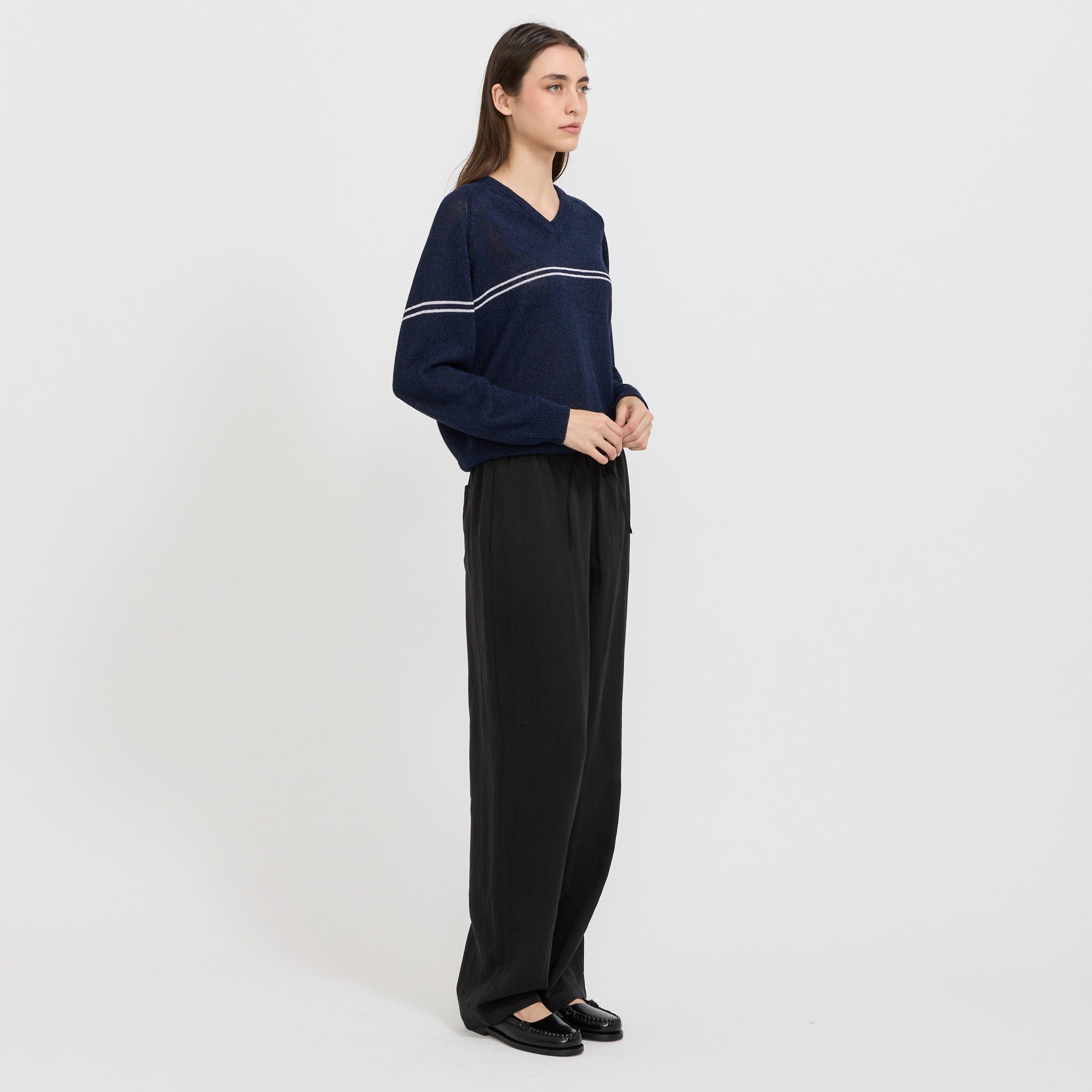 Unisex V-Neck Striped Sweater Navy Stripe