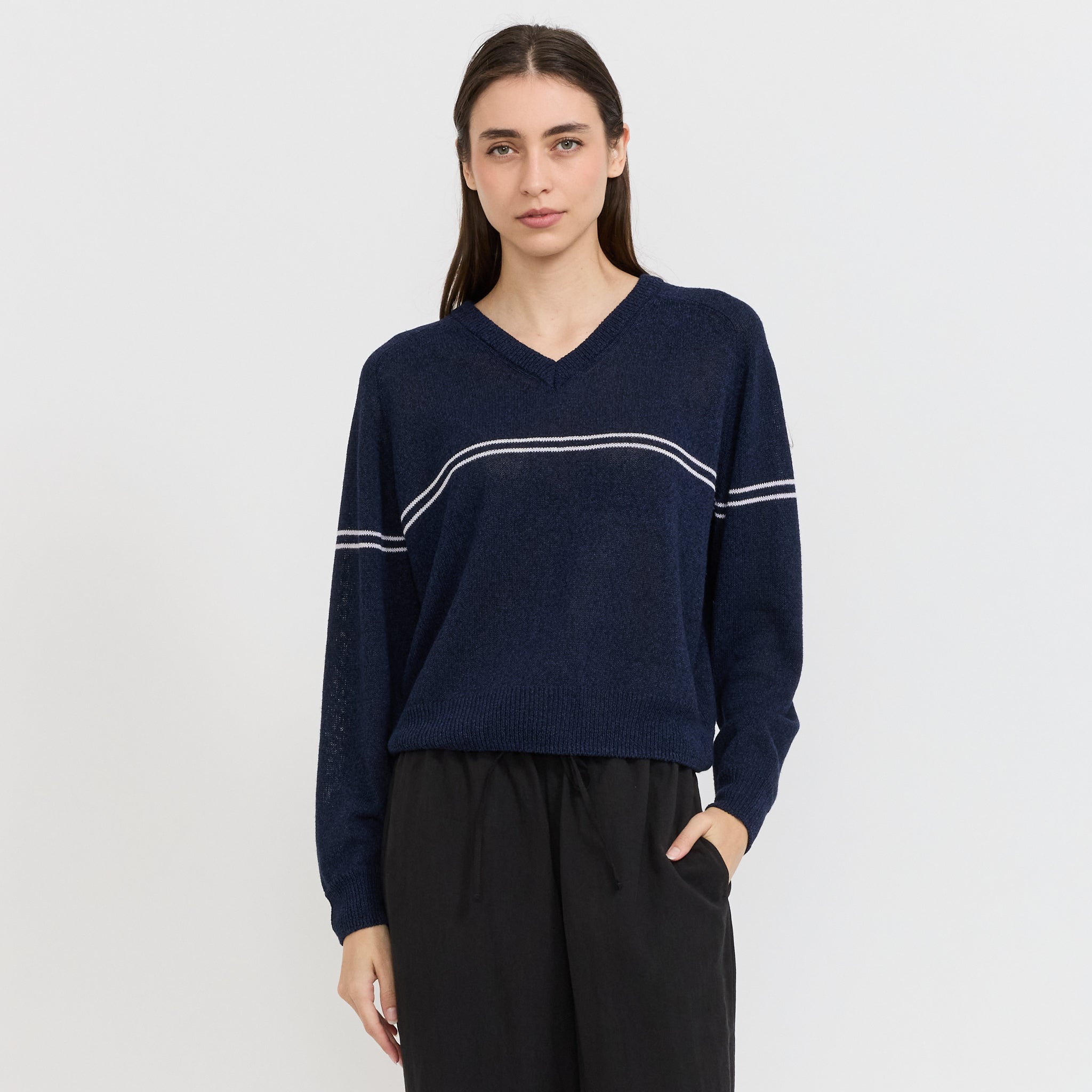 Unisex V-Neck Striped Sweater Navy Stripe