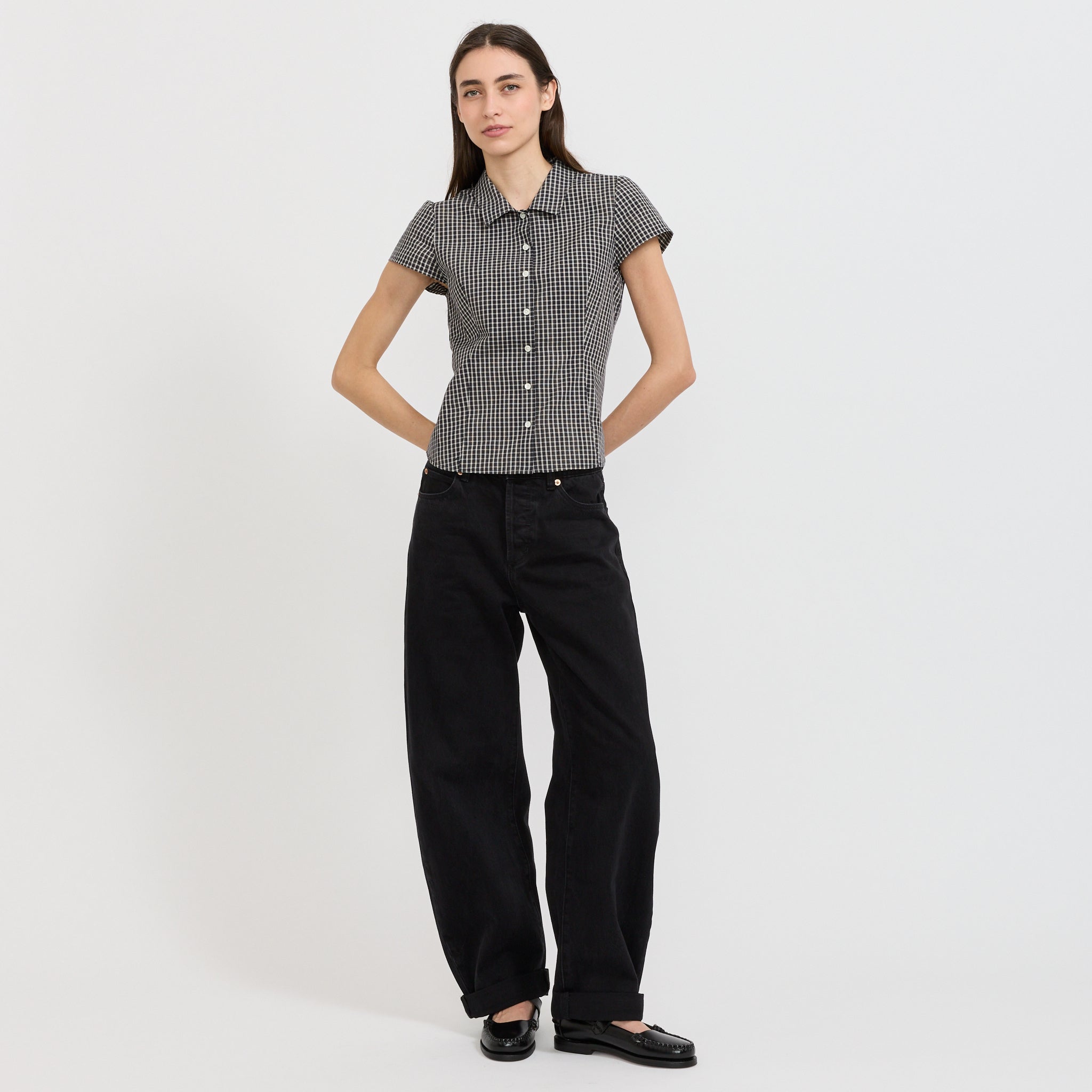 Cap Sleeve Slim Shirt Black Check