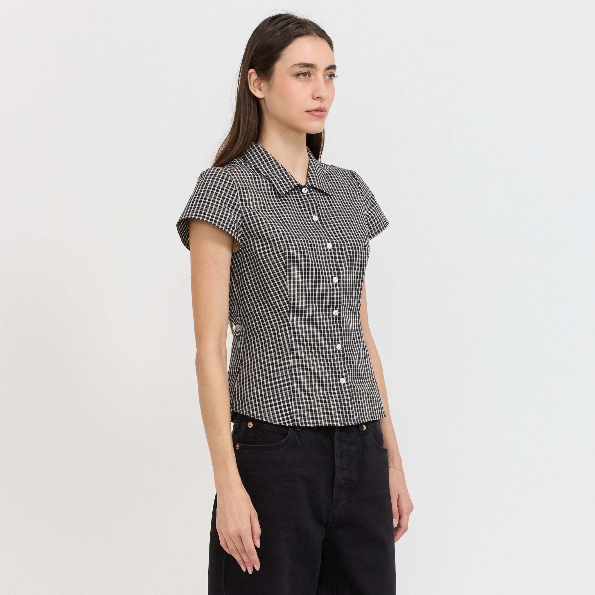 Cap Sleeve Slim Shirt Black Check