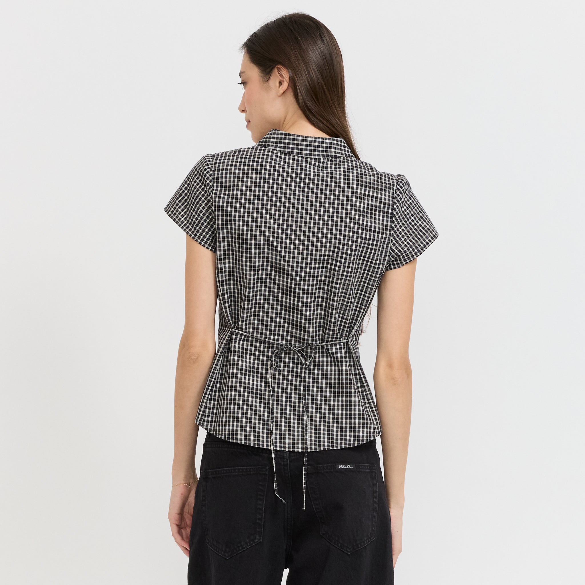 Cap Sleeve Slim Shirt Black Check