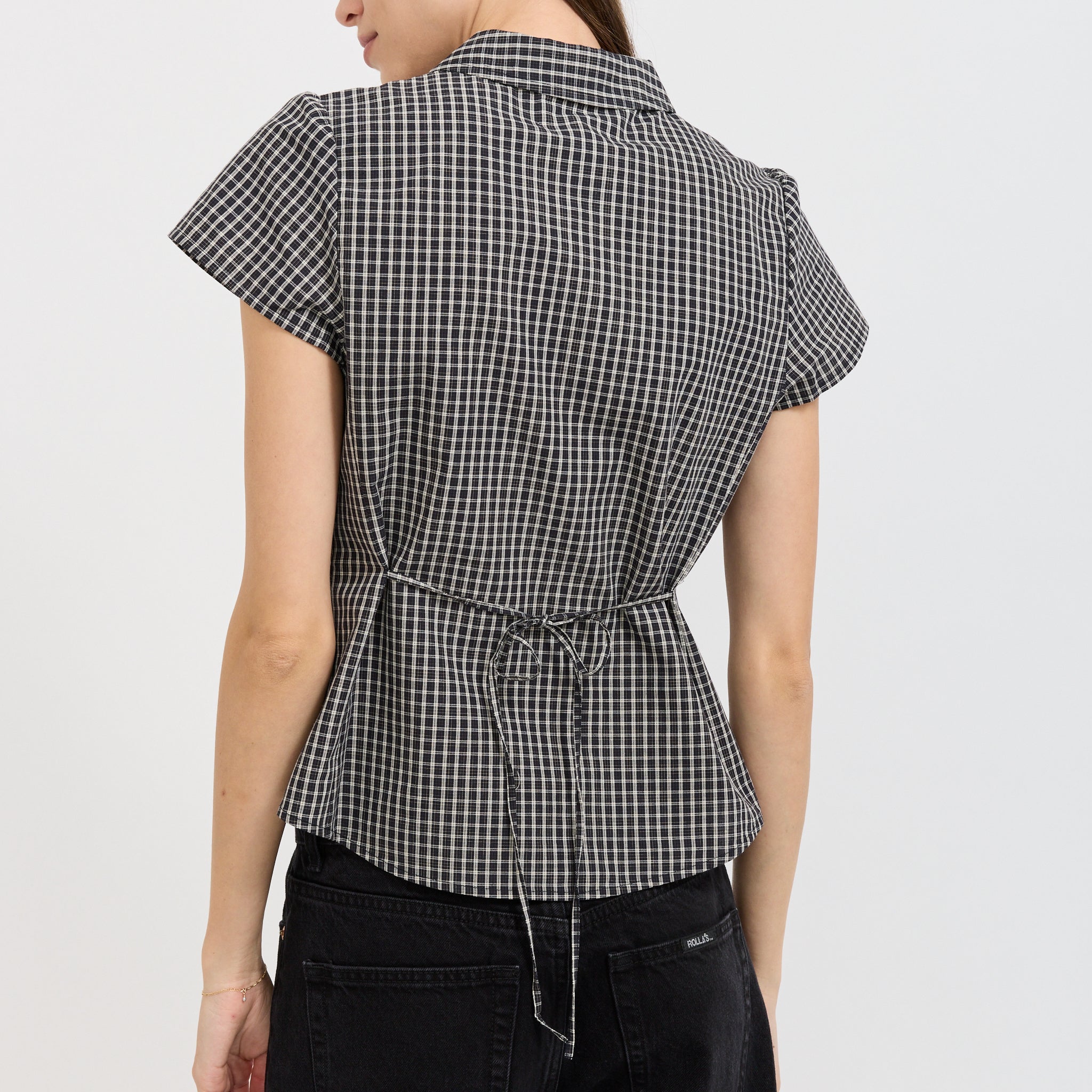 Cap Sleeve Slim Shirt Black Check
