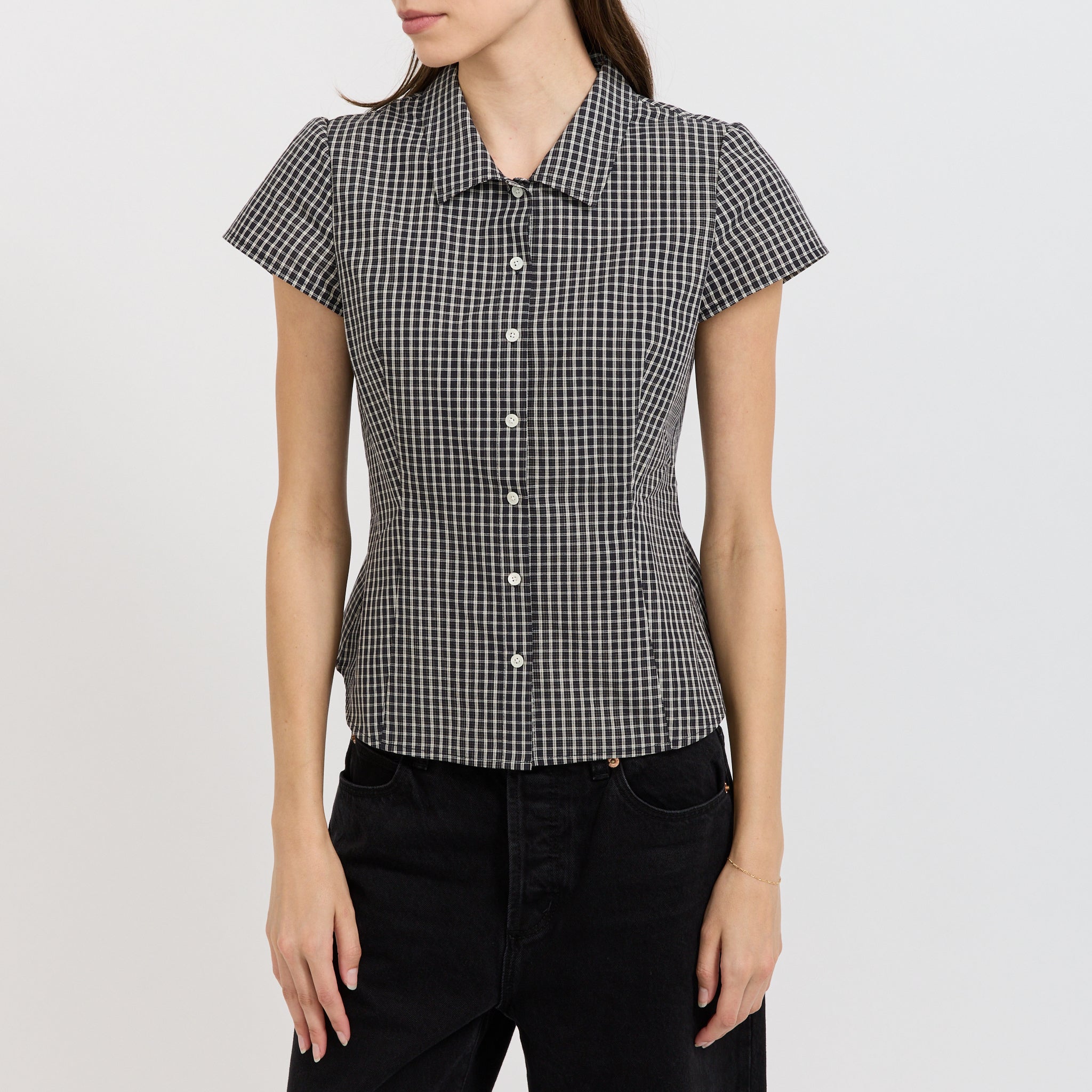 Cap Sleeve Slim Shirt Black Check