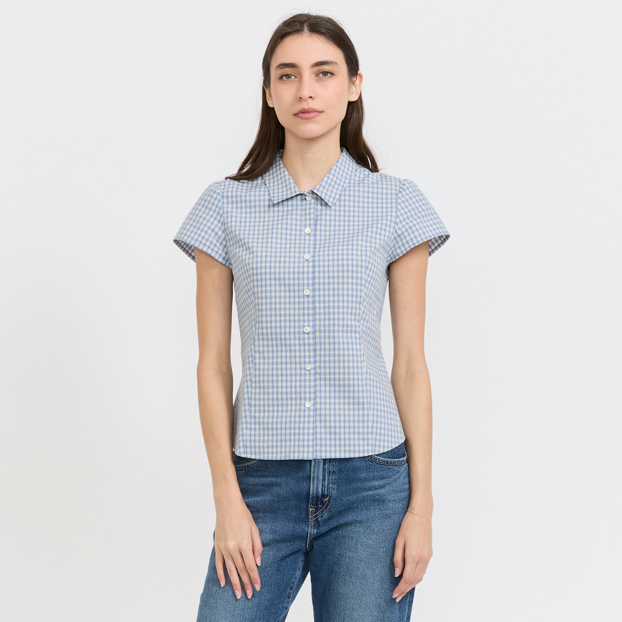 Cap Sleeve Slim Shirt Soft Blue Check