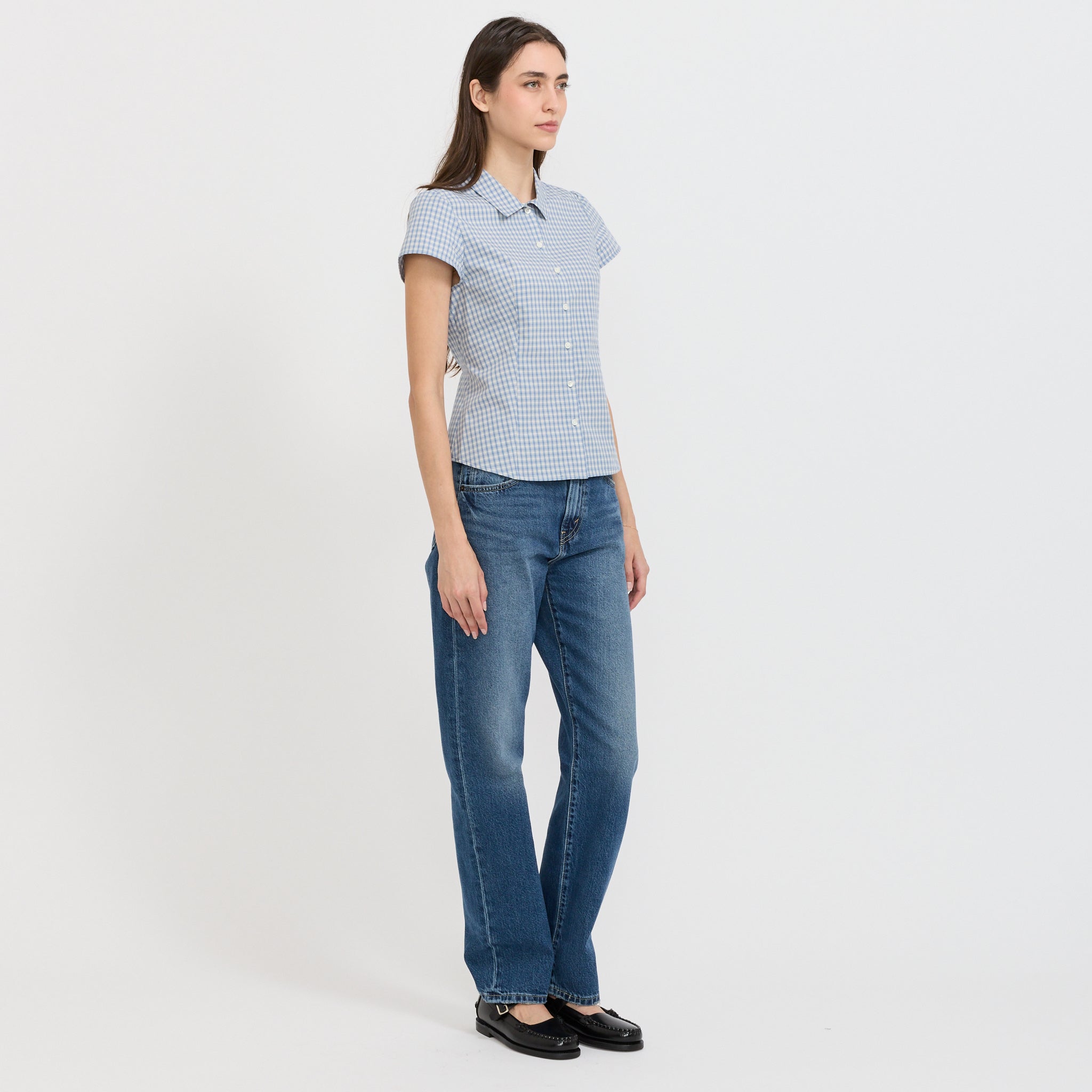 Cap Sleeve Slim Shirt Soft Blue Check