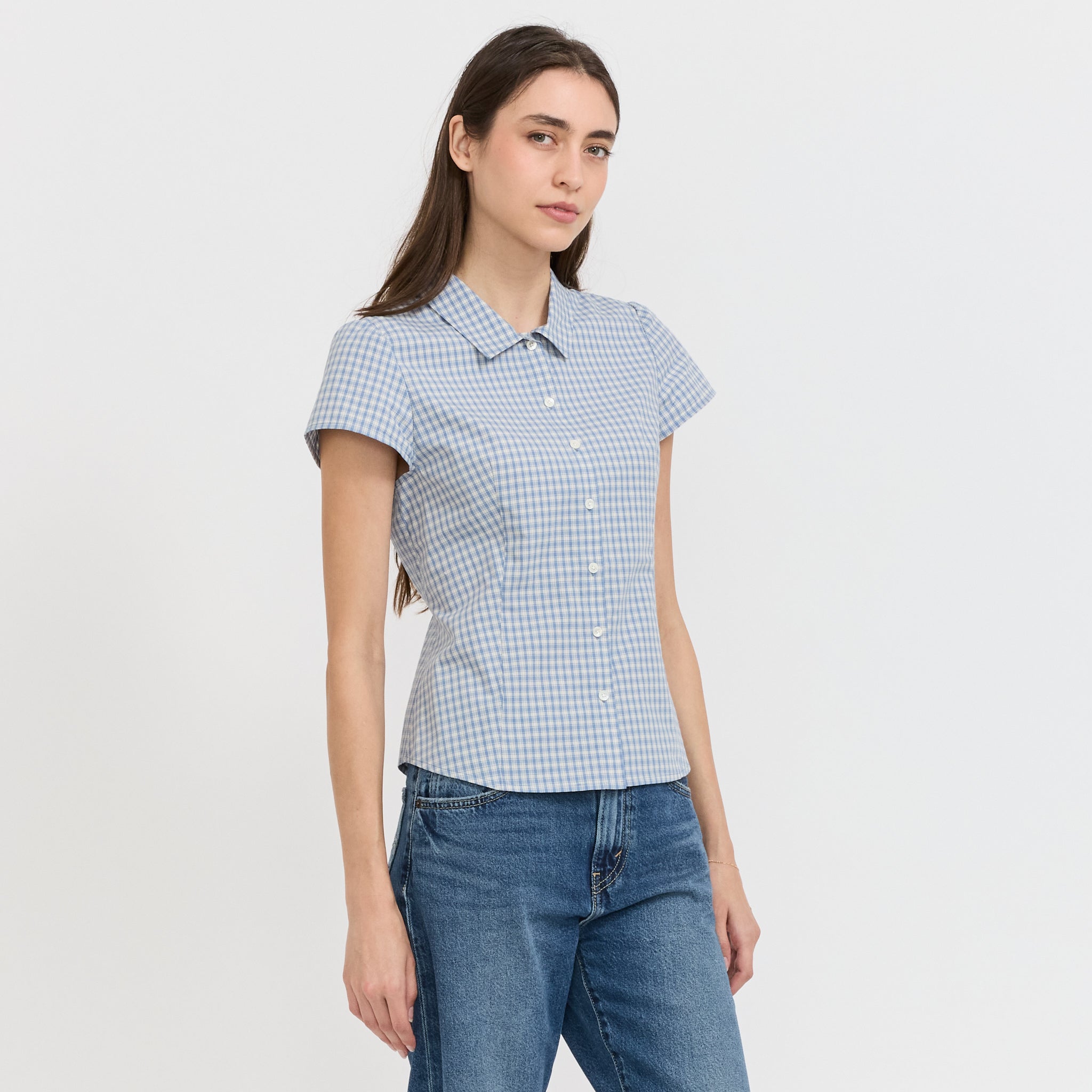 Cap Sleeve Slim Shirt Soft Blue Check