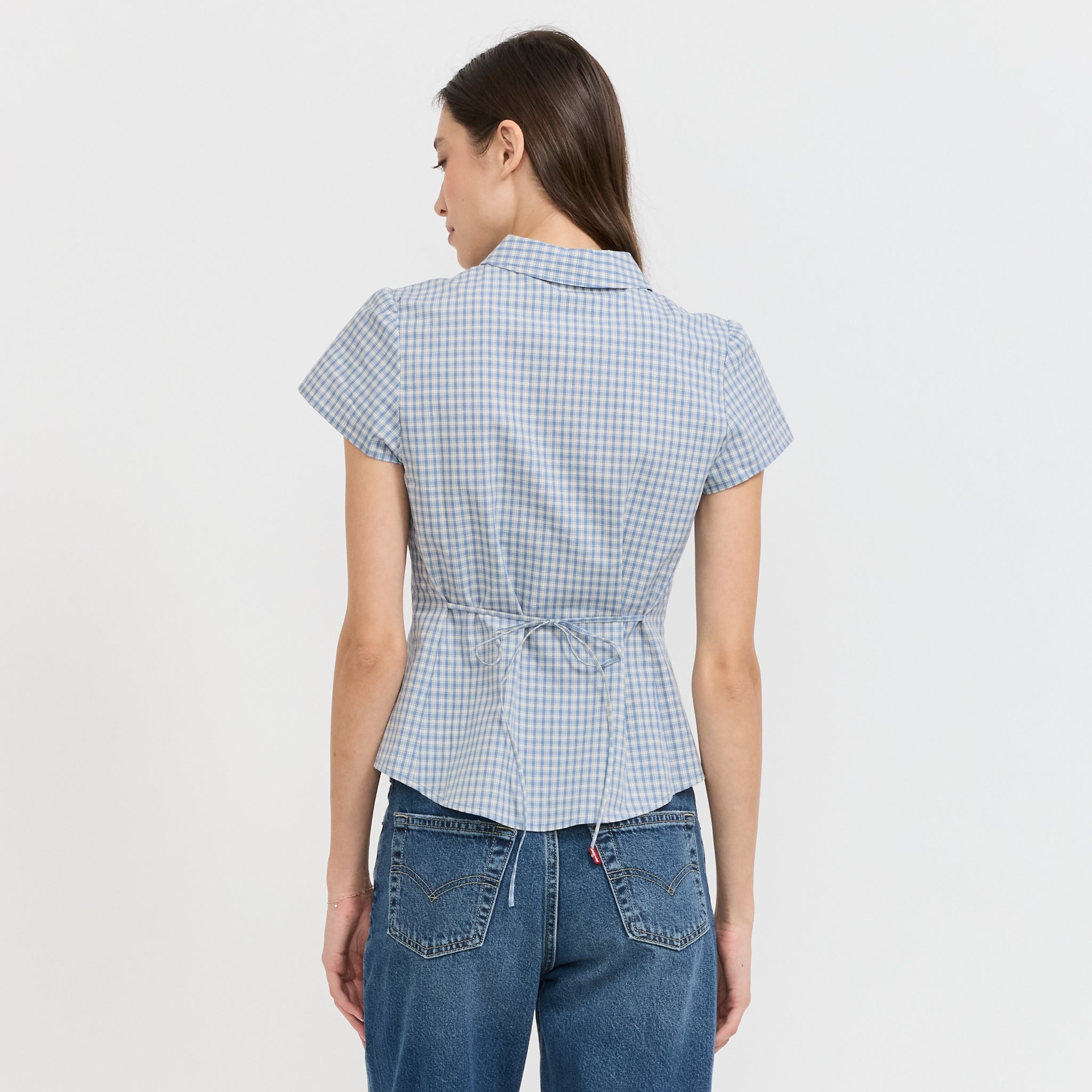 Cap Sleeve Slim Shirt Soft Blue Check