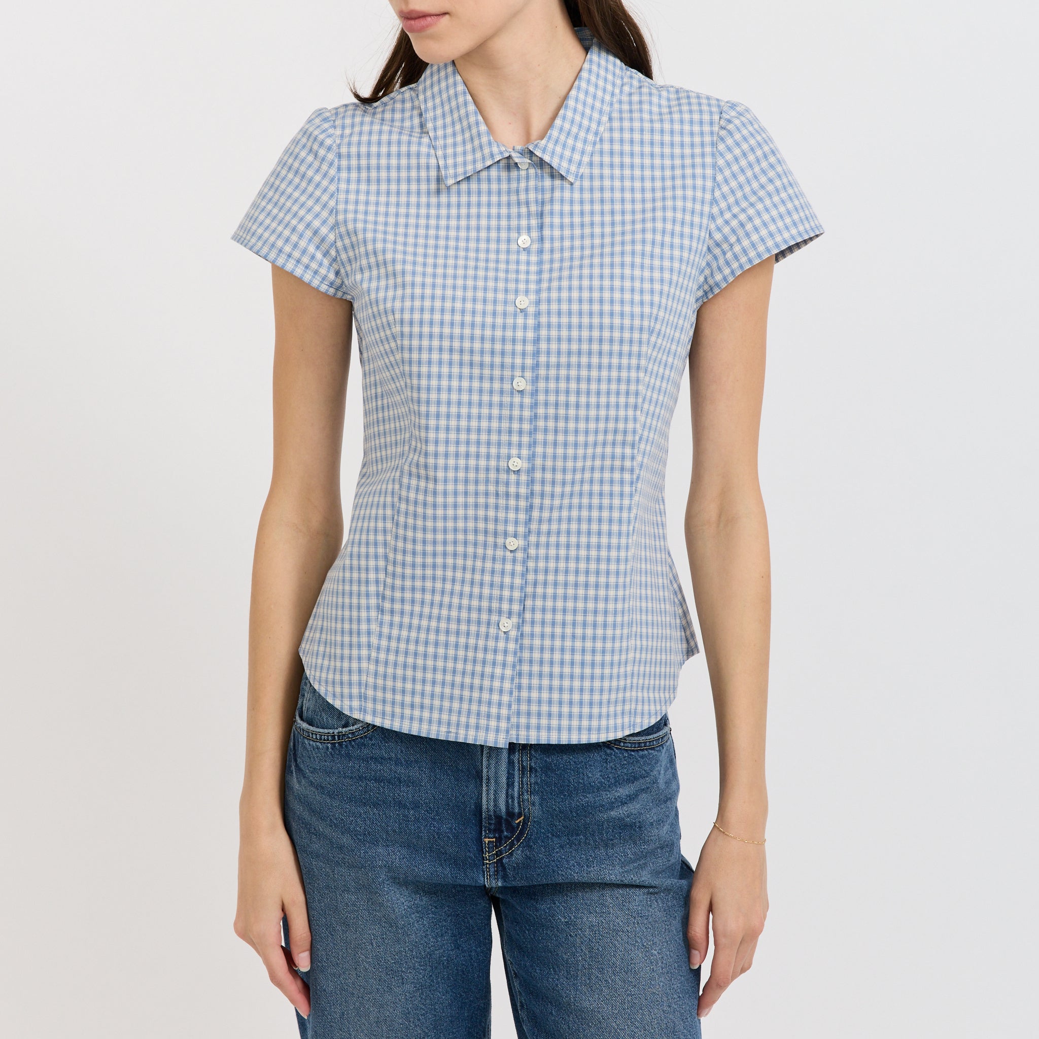 Cap Sleeve Slim Shirt Soft Blue Check
