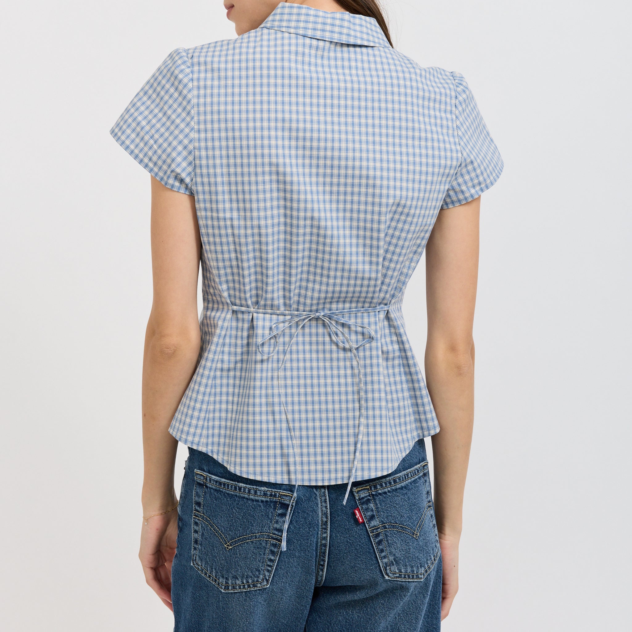 Cap Sleeve Slim Shirt Soft Blue Check