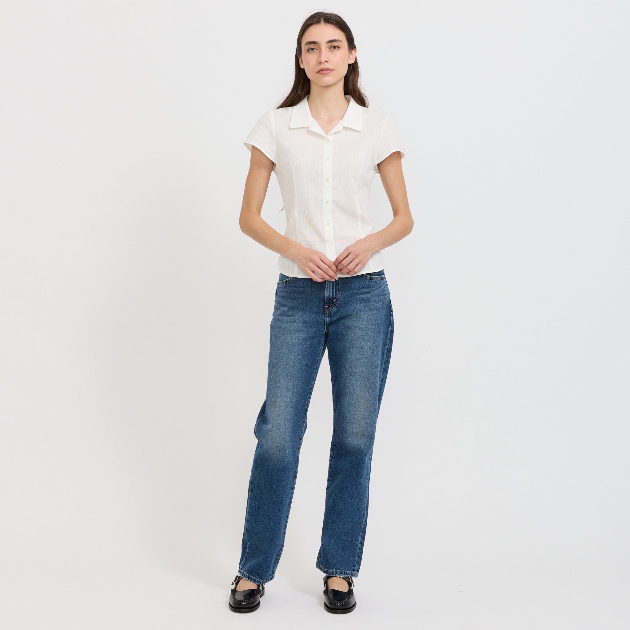 Cap Sleeve Slim Shirt White Stripe