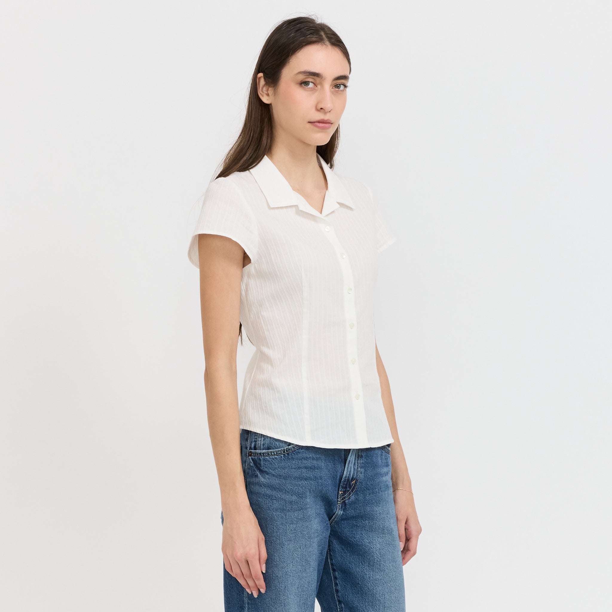 Cap Sleeve Slim Shirt White Stripe