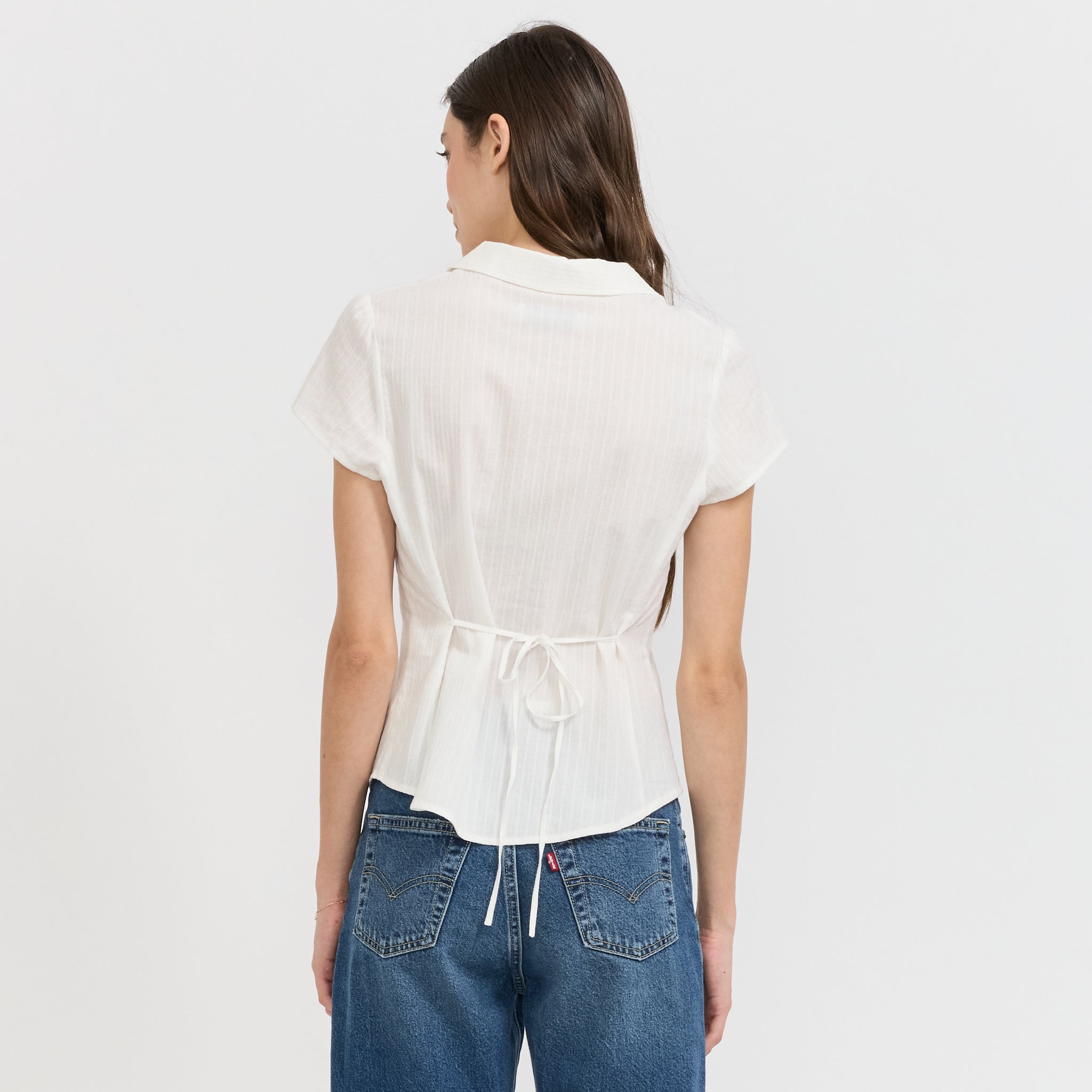 Cap Sleeve Slim Shirt White Stripe