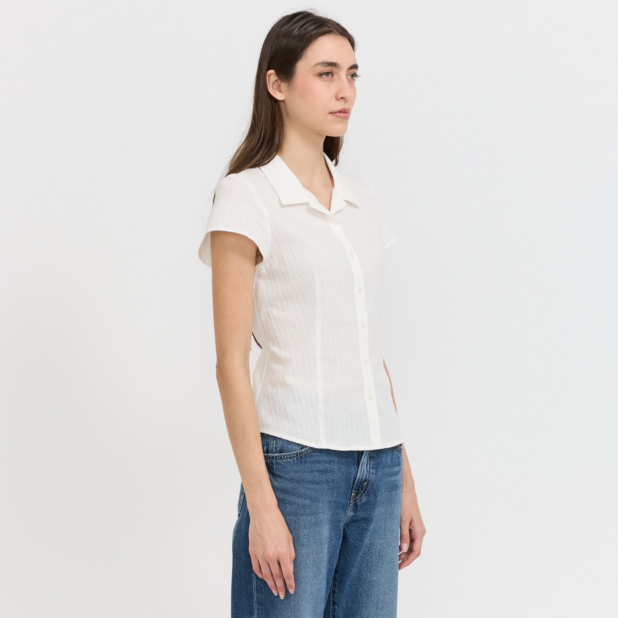 Cap Sleeve Slim Shirt White Stripe