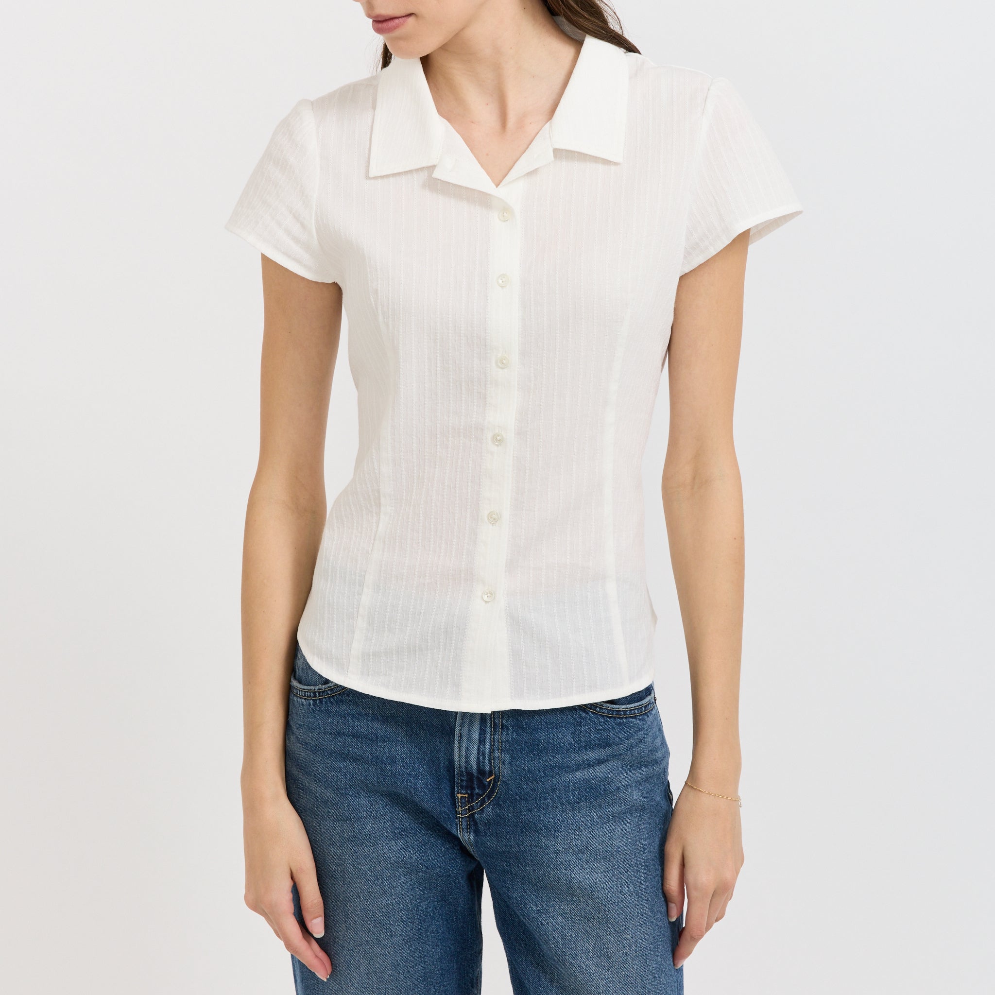 Cap Sleeve Slim Shirt White Stripe