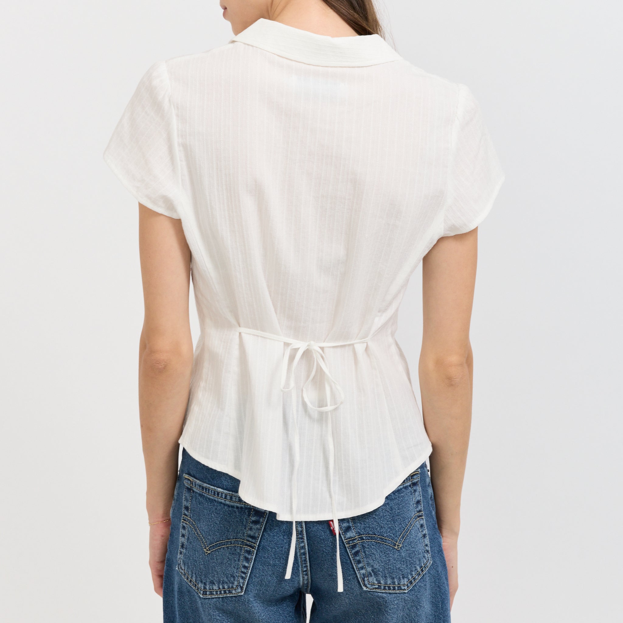 Cap Sleeve Slim Shirt White Stripe