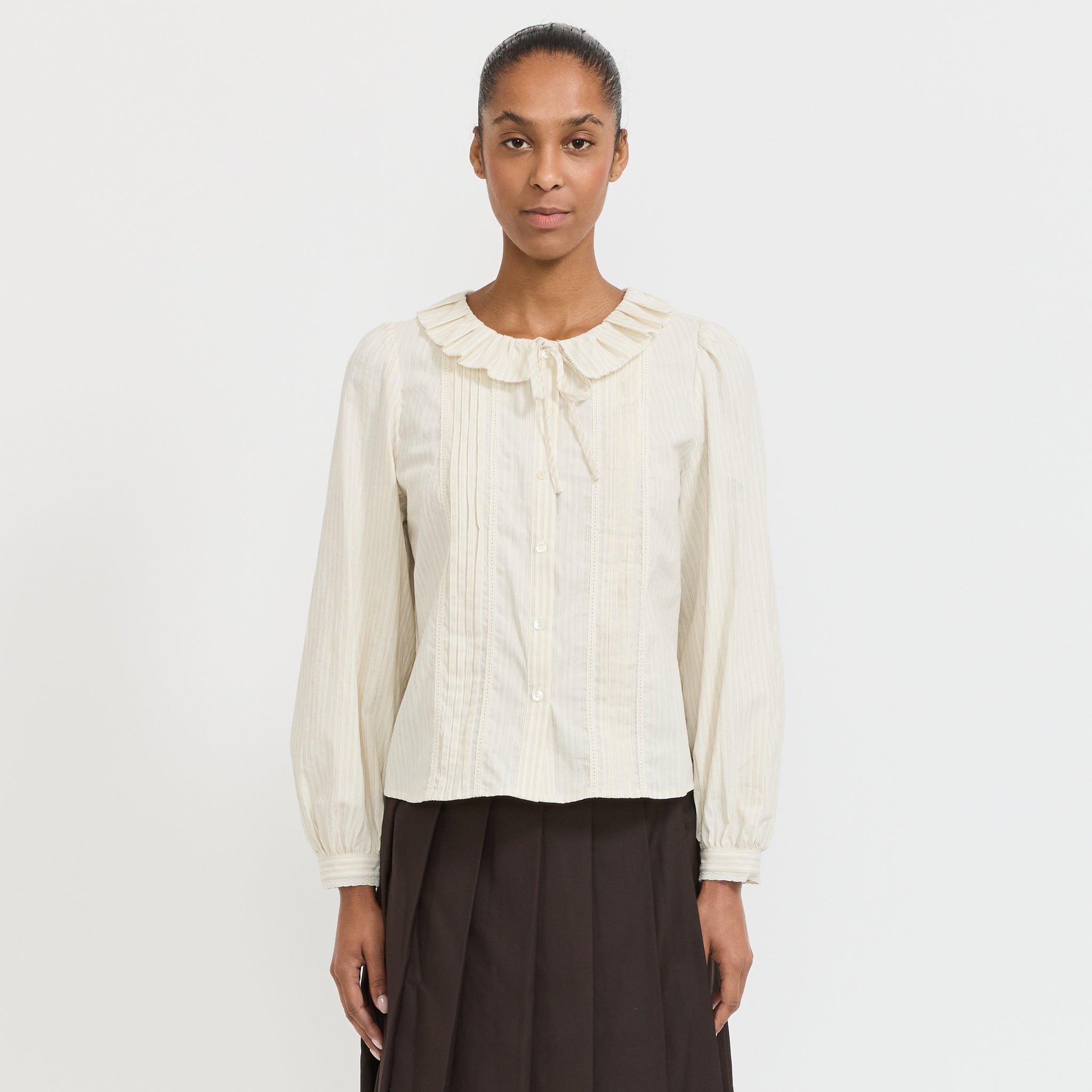 Dunst | Vintage Ruffle Blouse Beige Stripe | Maplestore