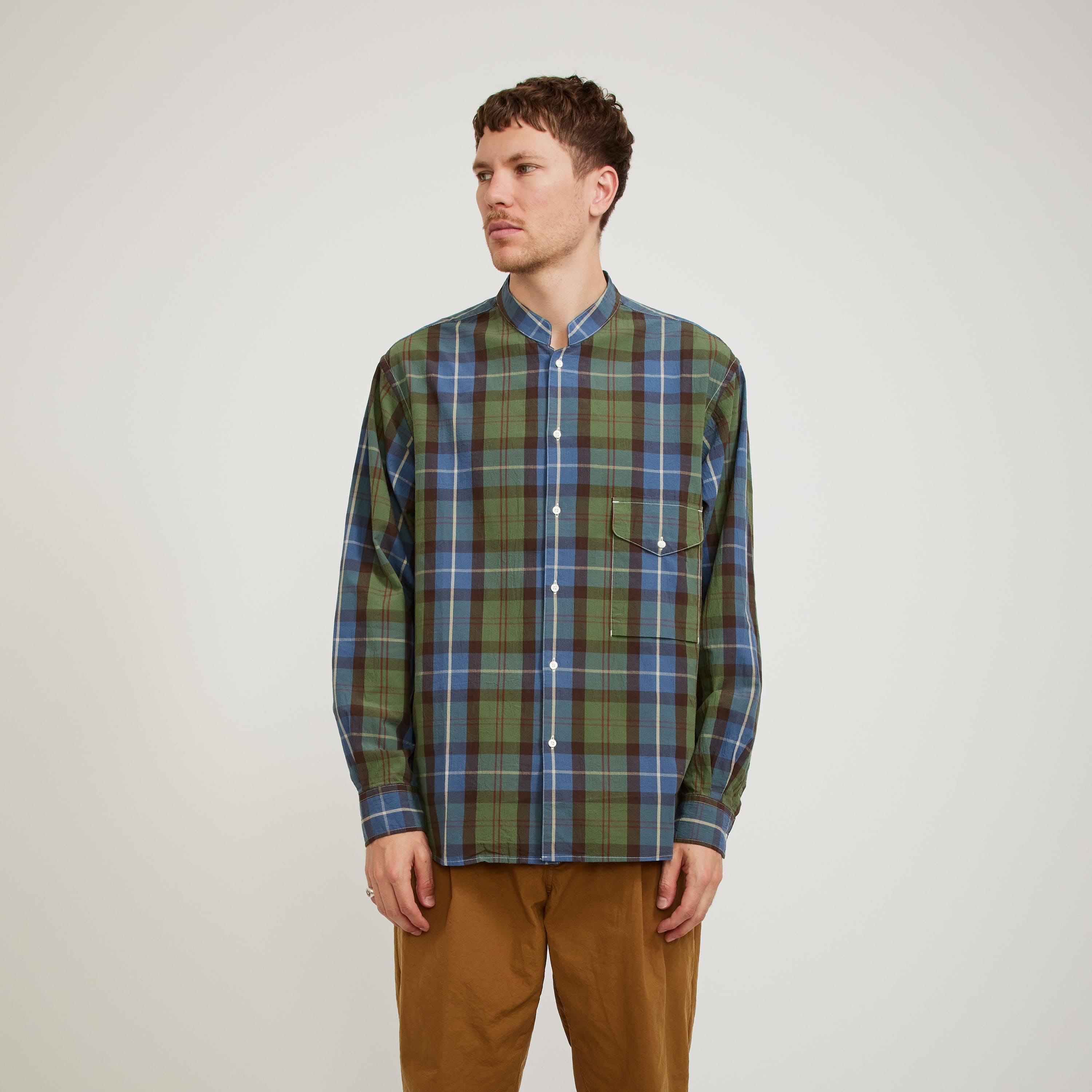 Eastlogue | Banded Collar Shirts Blue/Green Madras | Maplestore