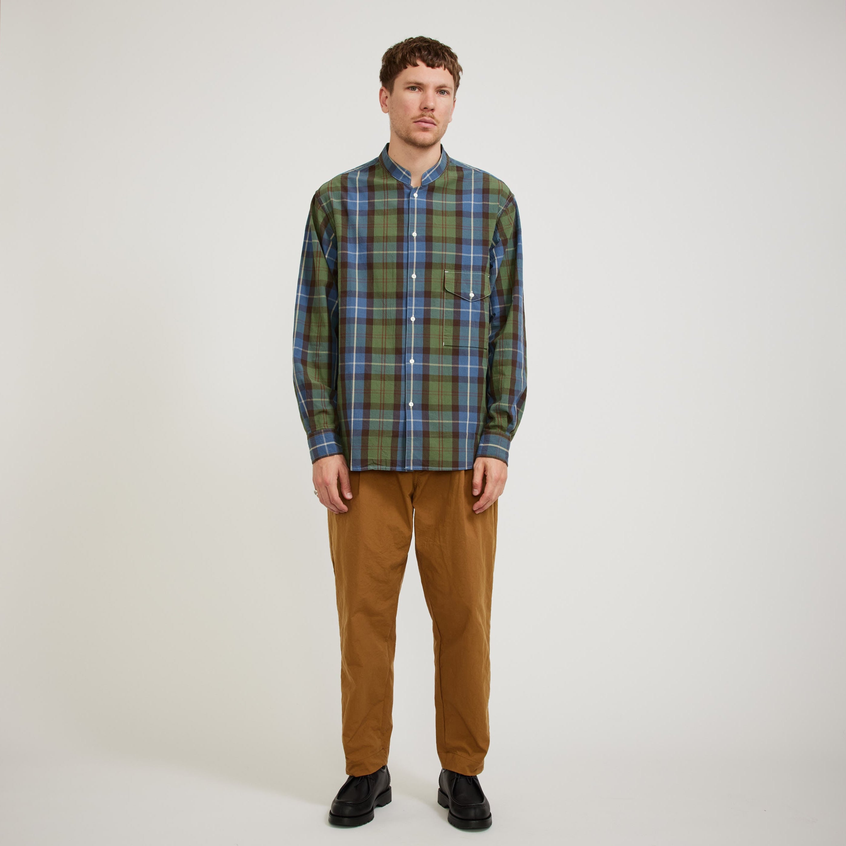 Eastlogue | Banded Collar Shirts Blue/Green Madras | Maplestore