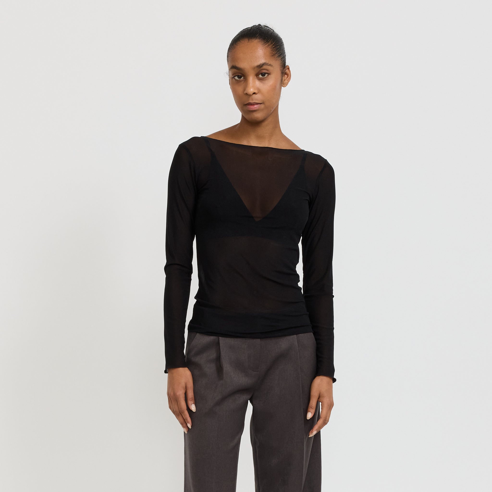 Korean Power Mesh Boat Neck Long Sleeve Black