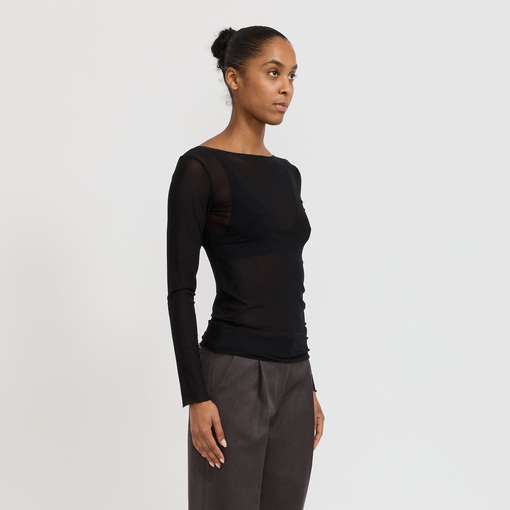 Korean Power Mesh Boat Neck Long Sleeve Black