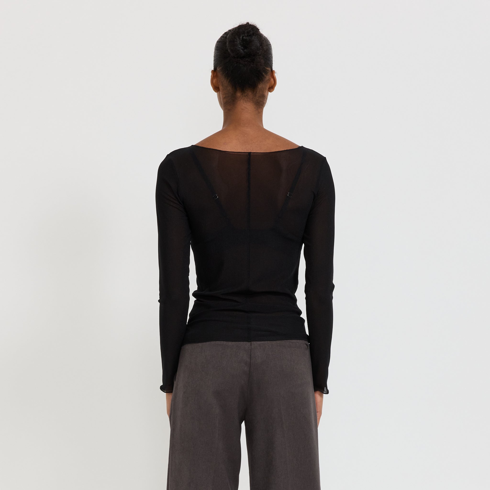 Korean Power Mesh Boat Neck Long Sleeve Black